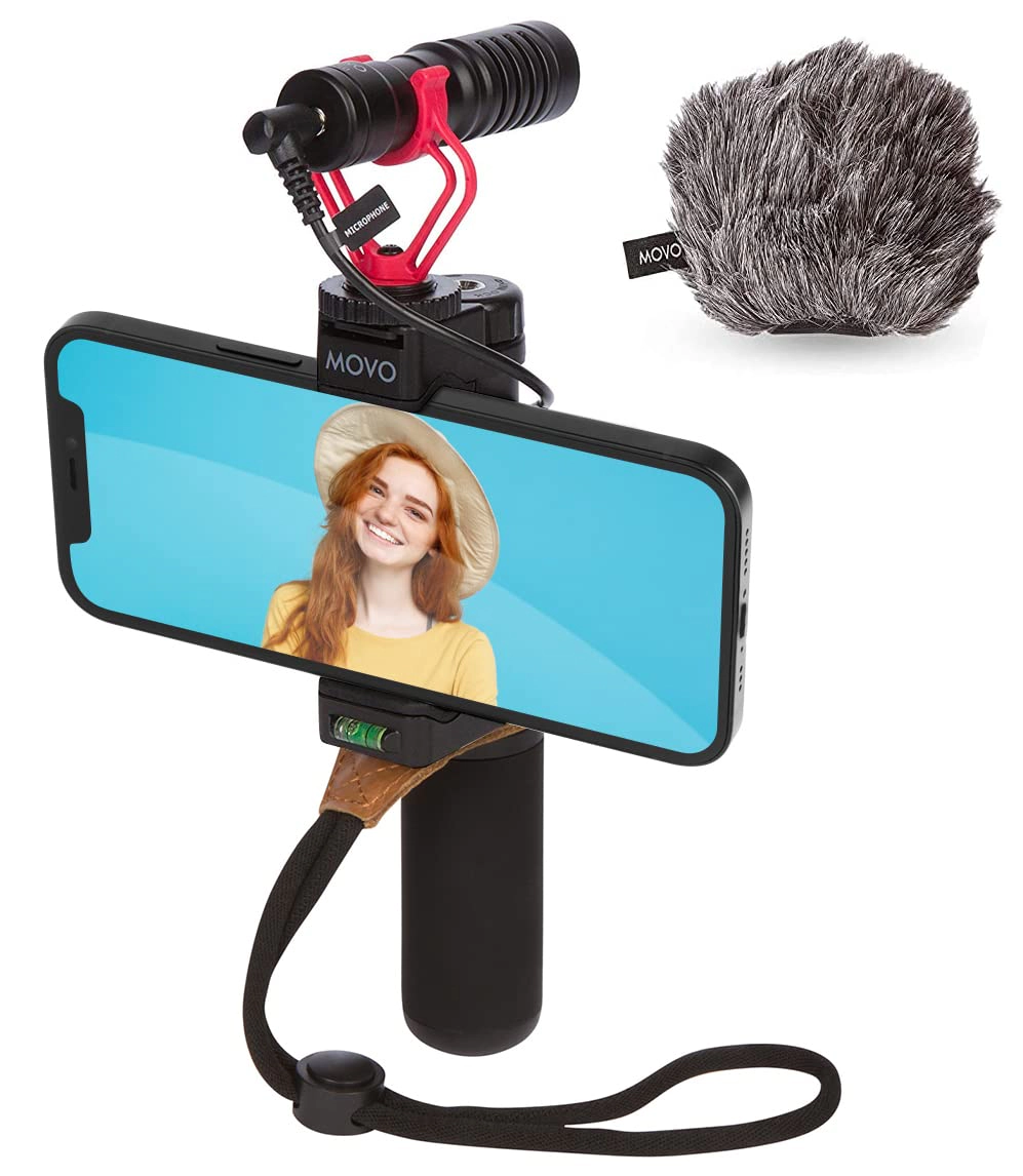 Movo PR-2-PM Smartphone Video Rig with Shotgun Microphone Grip Handle Wrist Strap for Smartphones