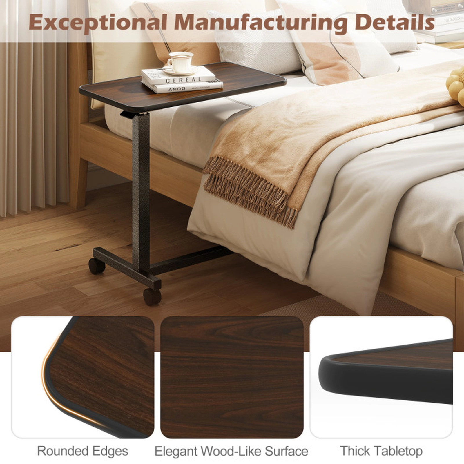 SUGIFT Locking Wheels H-Shaped Base Overbed Laptop Desk 28-in x 15-in 29-in to 42.5-in Height 155-lb Capacity Walnut