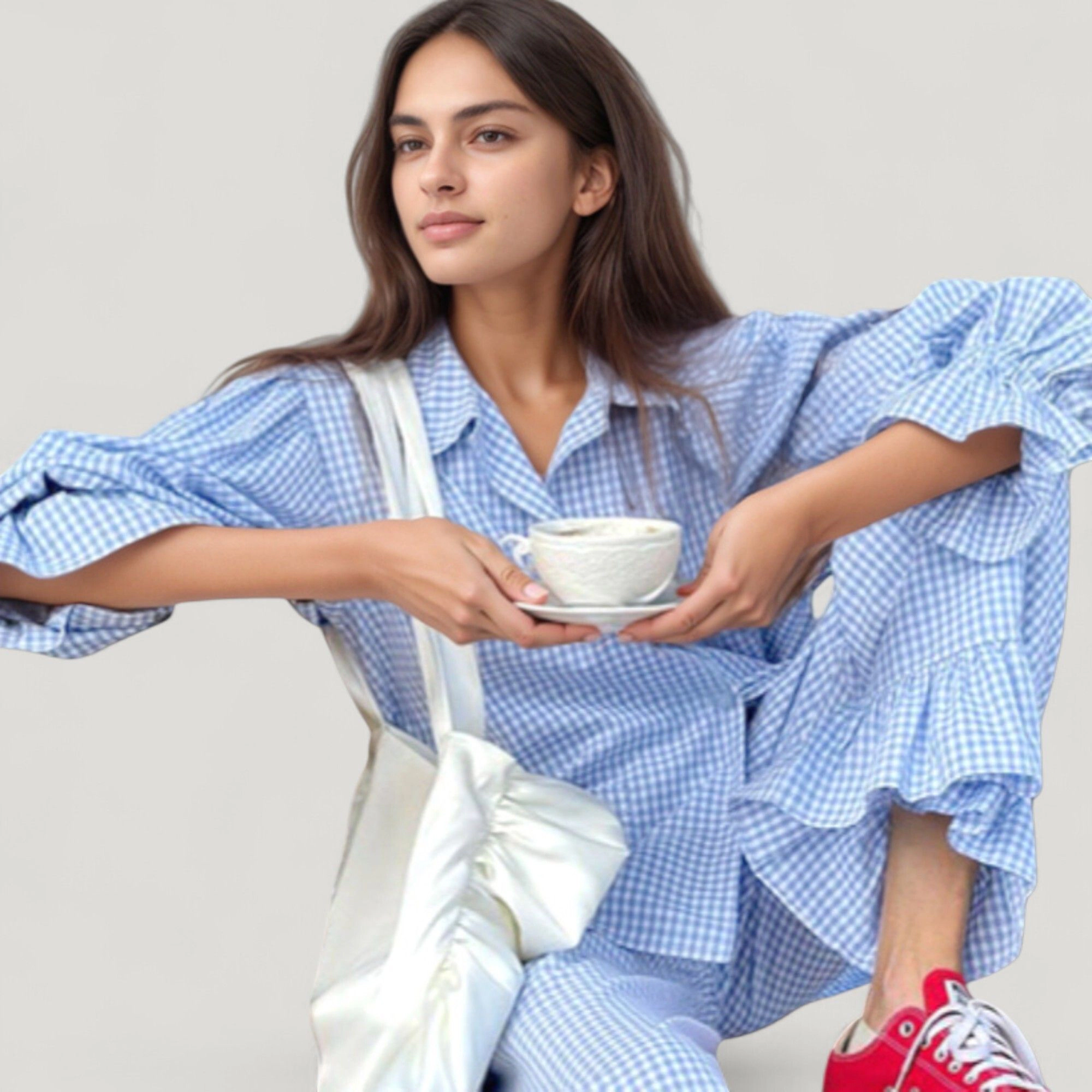 Anna-Kaci Women's Gingham Button Down Pajama Set with Long Sleeve Collared Top and Ruffle Hem Wide Leg Pants