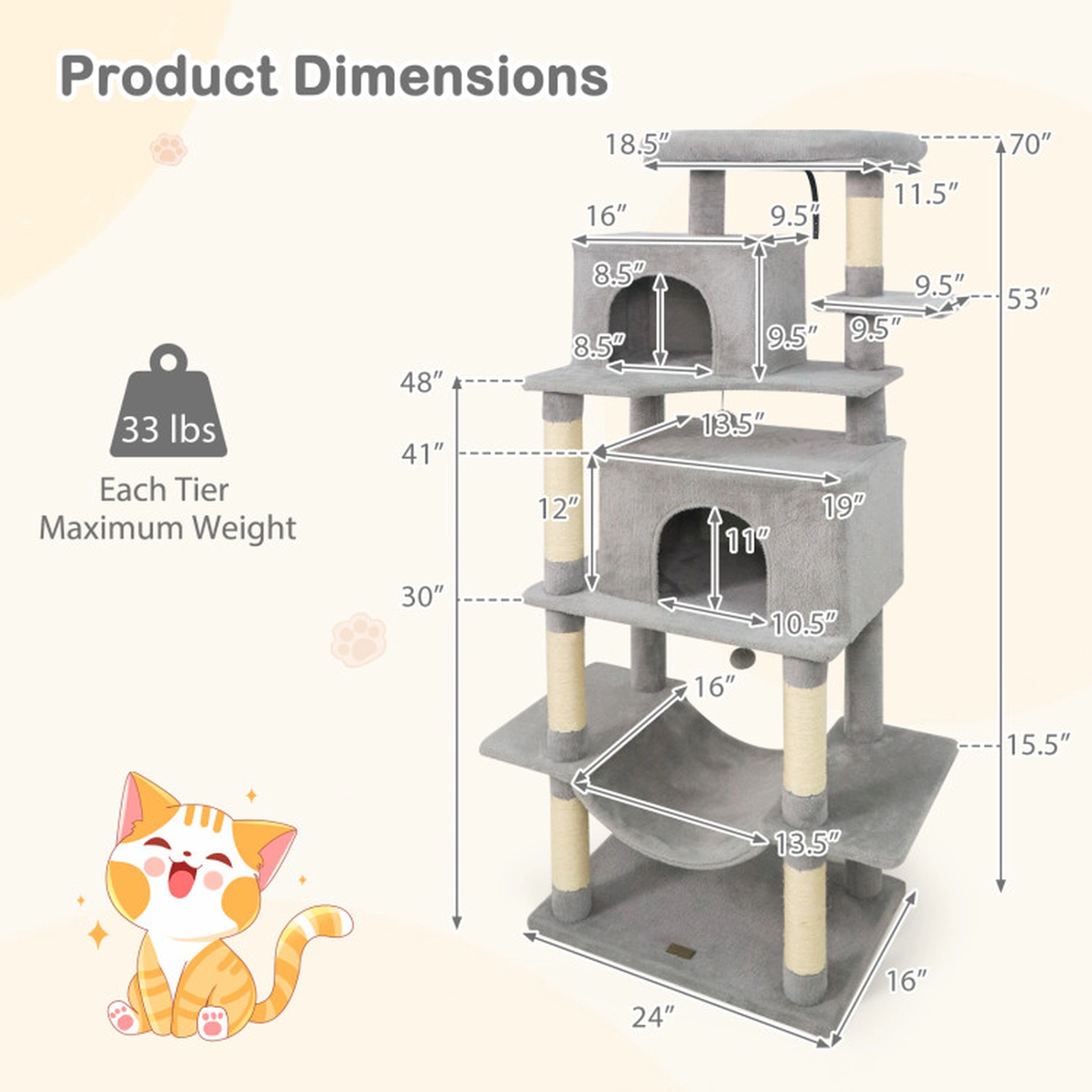 SUGIFT 70-in Light Gray Tall Cat Tree for Large Indoor Cats with 2 Condos Hammock and Anti-Tip Kit