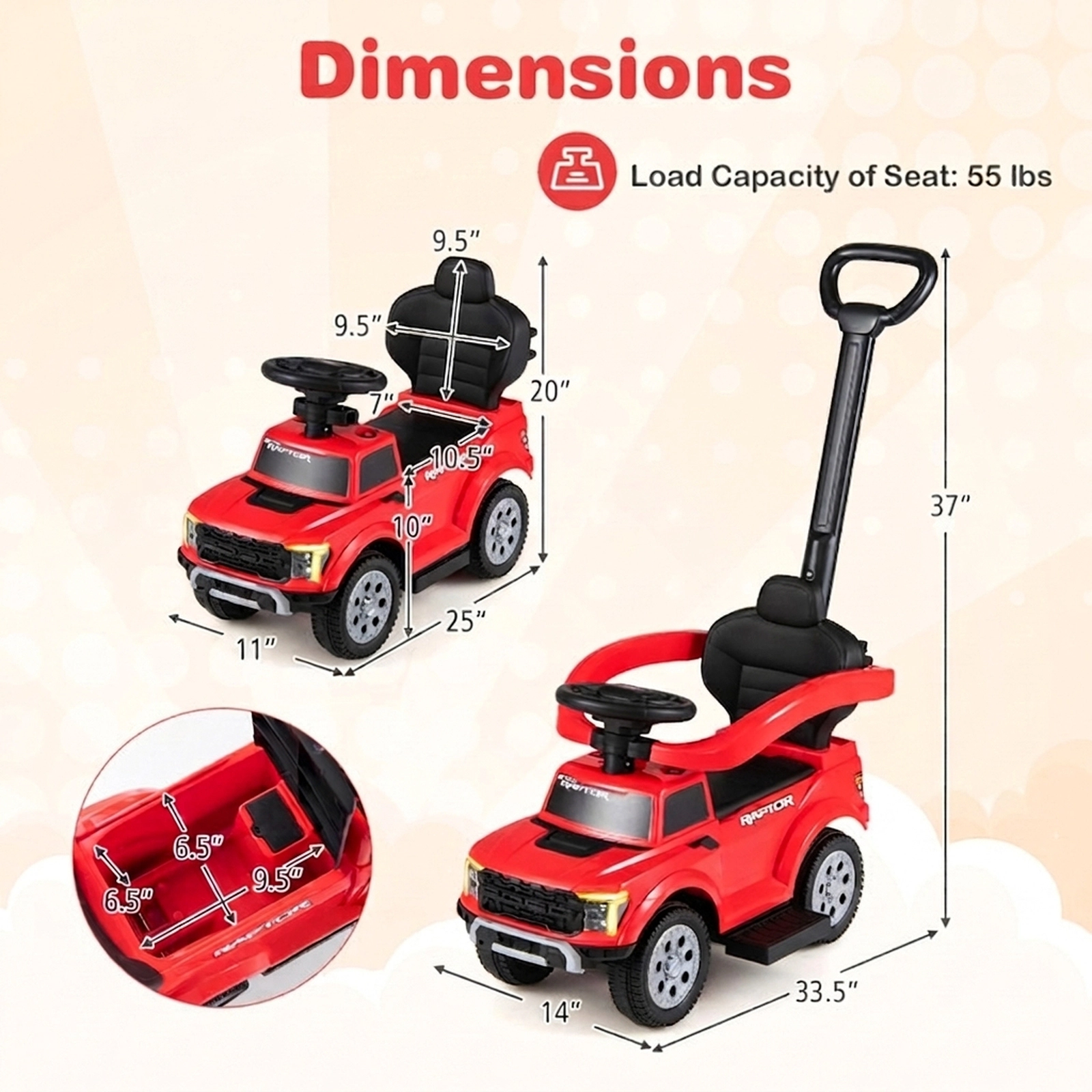 SUGIFT Kids Push 3-in-1 Ride-On Ford Truck with LED Headlights and Storage Red