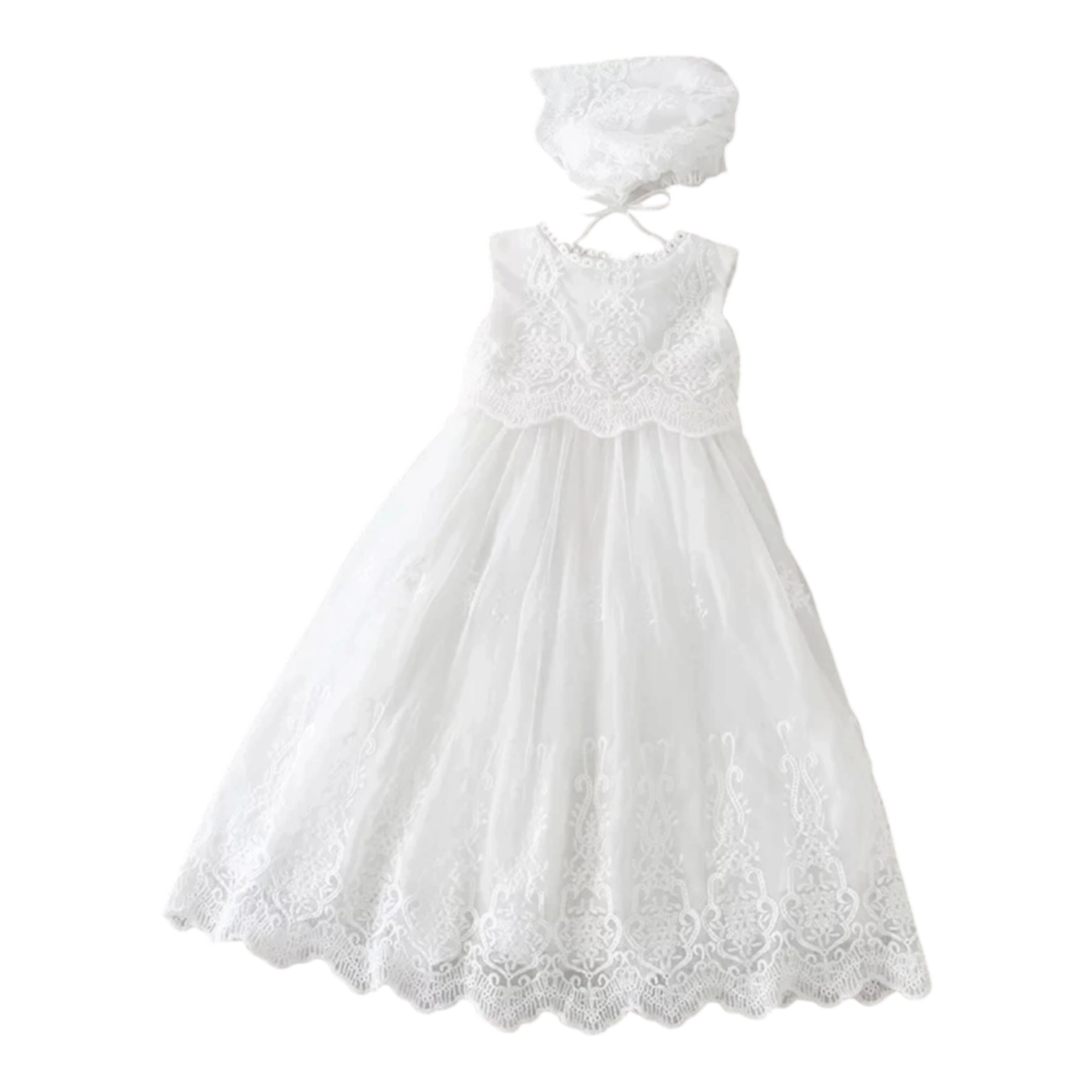 Laurenza's Baby Girls Lace Sleeveless Christening Gown with Bonnet