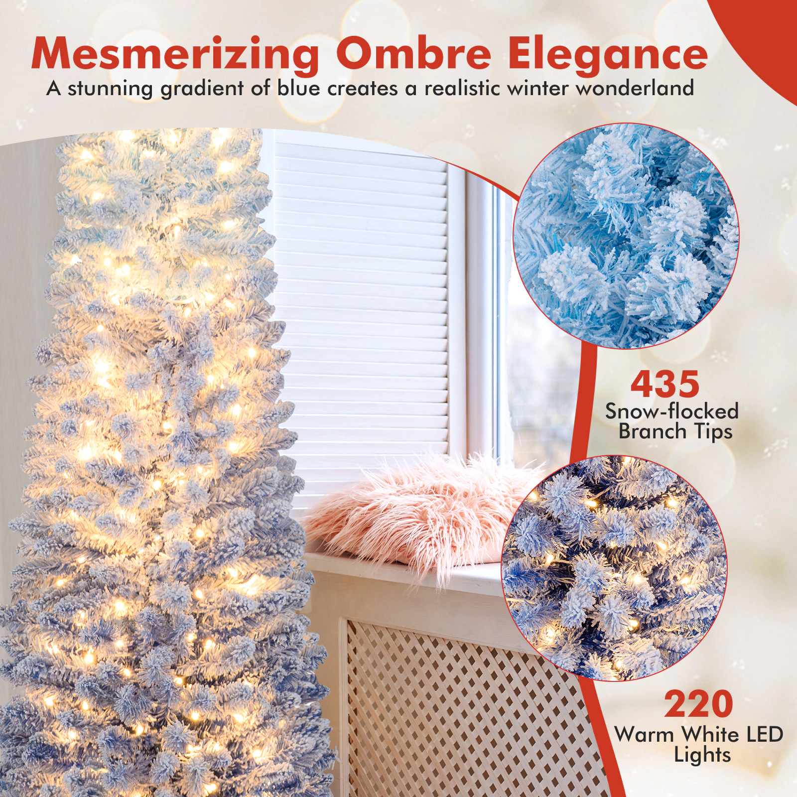 SUGIFT 6-ft Pre-Lit Snow Flocked Blue Ombre Slim Artificial Christmas Tree with 435 Tips for Small Spaces
