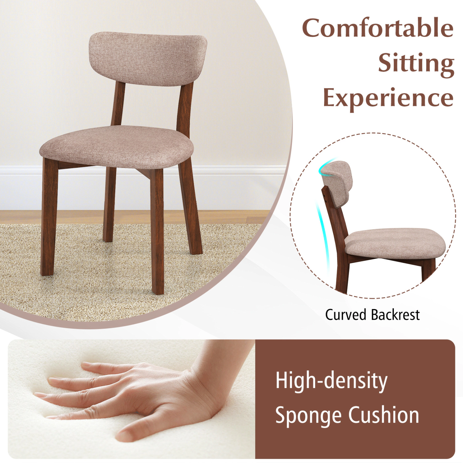 LJG Dining Chairs Set of 2 Upholstered Mid-Back Chairs with Solid Rubber Wood Frame