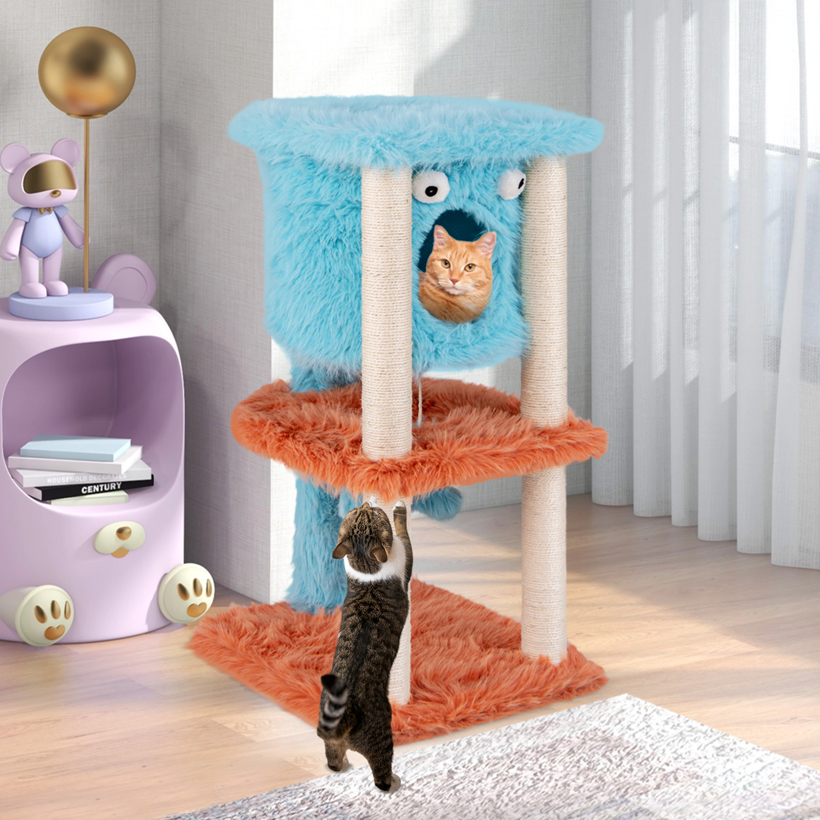 Glintex Monster-Themed Cat Tower with Hanging Condo and Dual Access Holes, Blue
