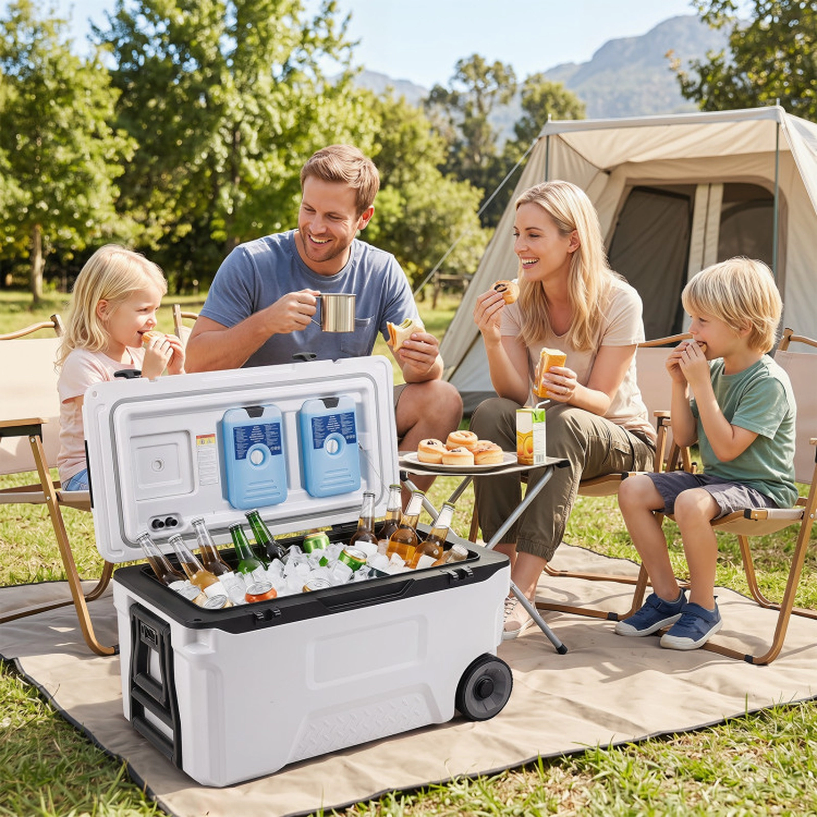 SUGIFT 53 Quart Rolling Insulated Cooler with 220-lb Load Capacity and Fish Ruler 29.5-in Body Black/White/Gray