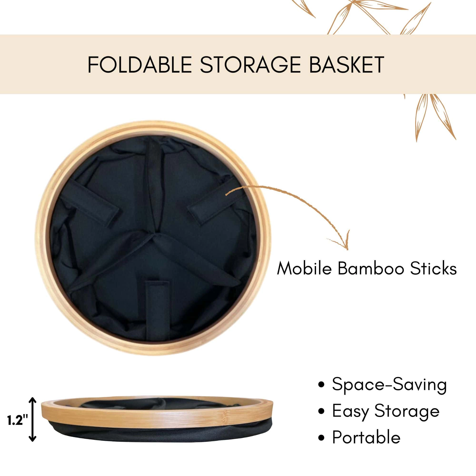 Evideco French Home Goods Round Foldable Bamboo Frame Organizer, 12 x 4 in, 3 Compartments