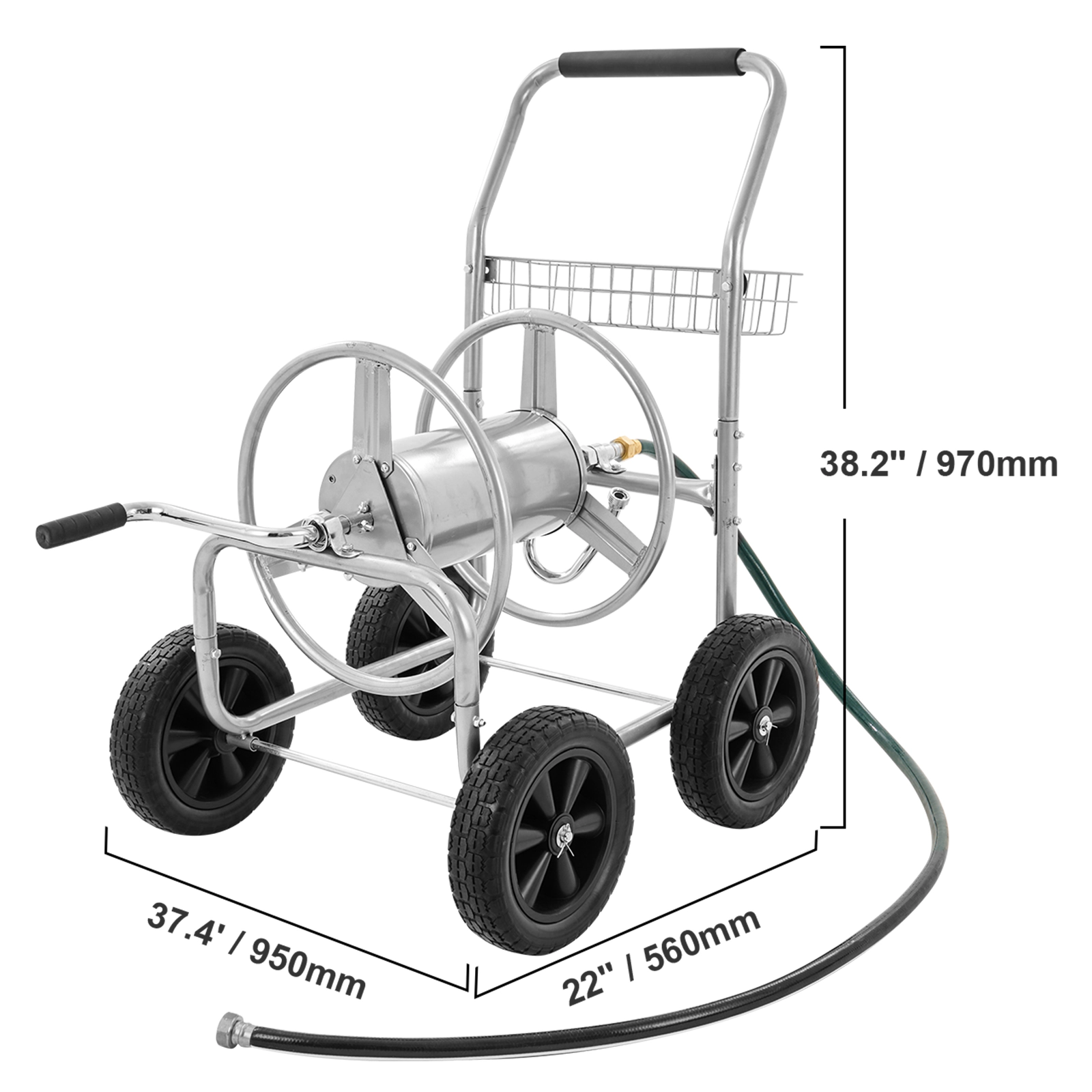 HONGGE Hose Reel Cart, Holds 300 ft of 5/8" or 500 ft of 1/2" Hose, Steel Frame with 4 Wheels and Storage Basket