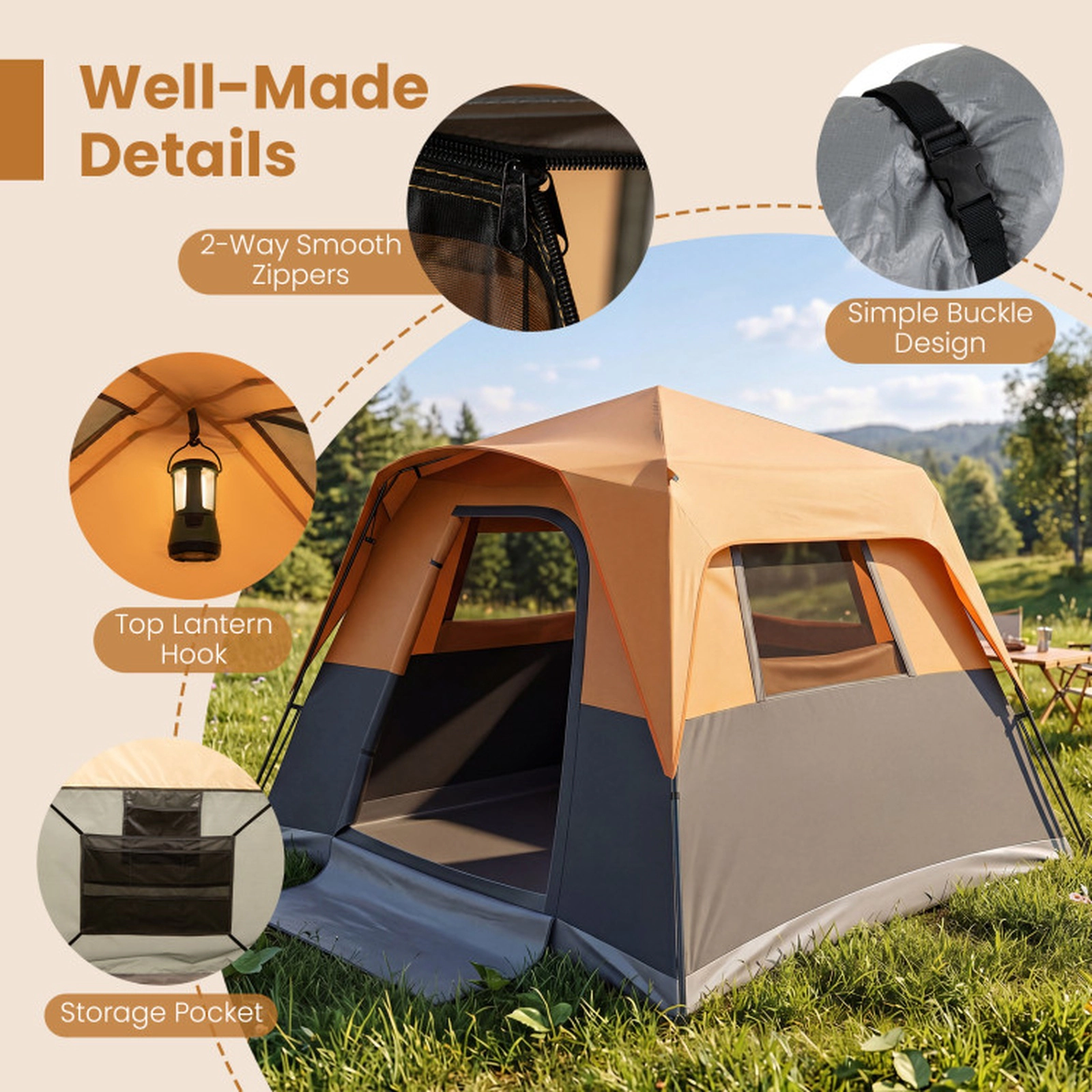 SUGIFT Blackout Easy-Setup 6-Person Instant Cabin Camping Tent with Rainfly, Skylights and Carrying Bag Orange/Gray