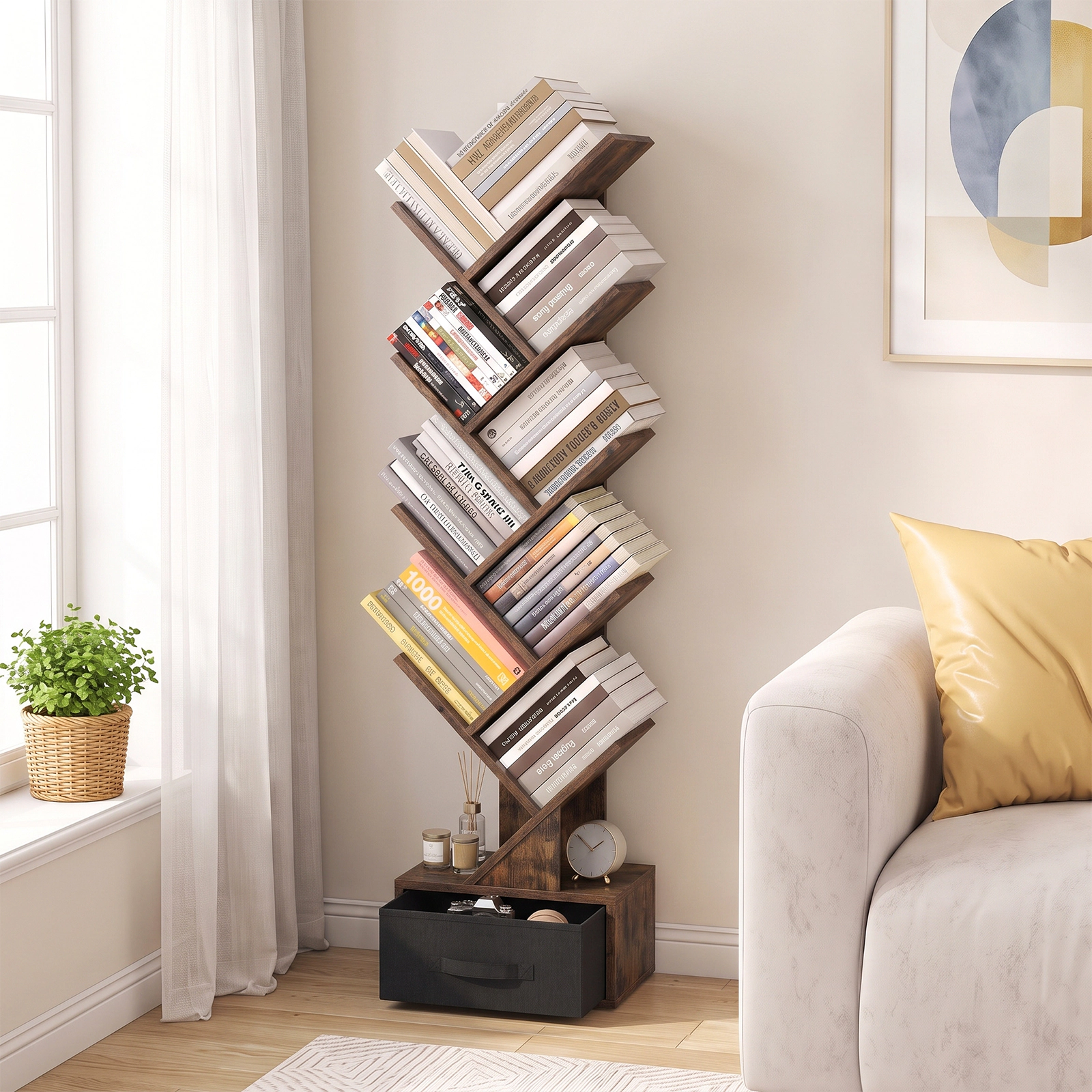 Costway 9-Tier Tree Bookshelf with Drawer Wooden Floor Standing Bookcase White