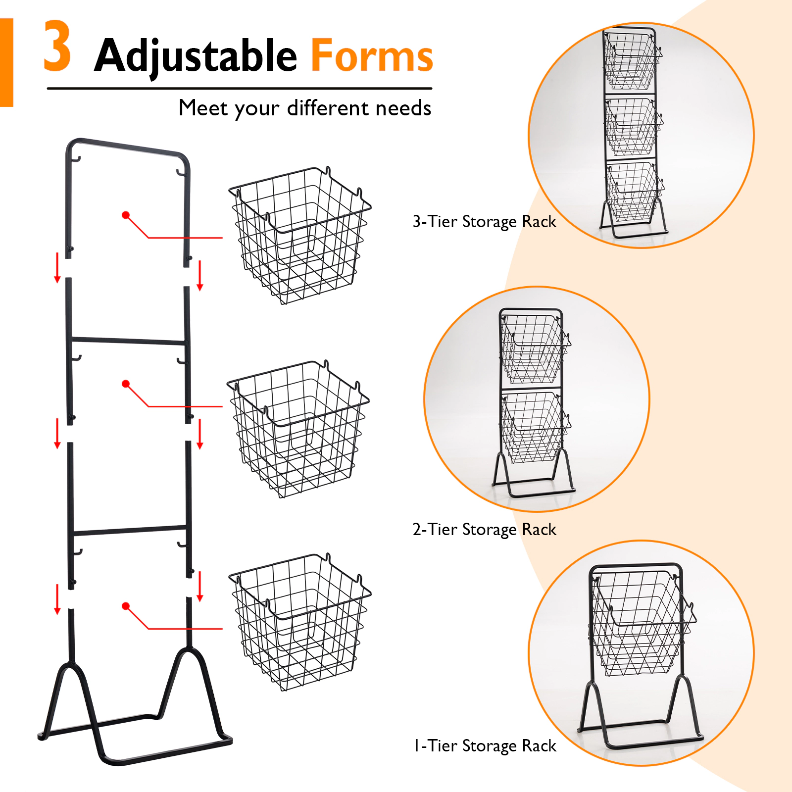 LJG 3-Tier Fruit Basket Stand with Adjustable Heights