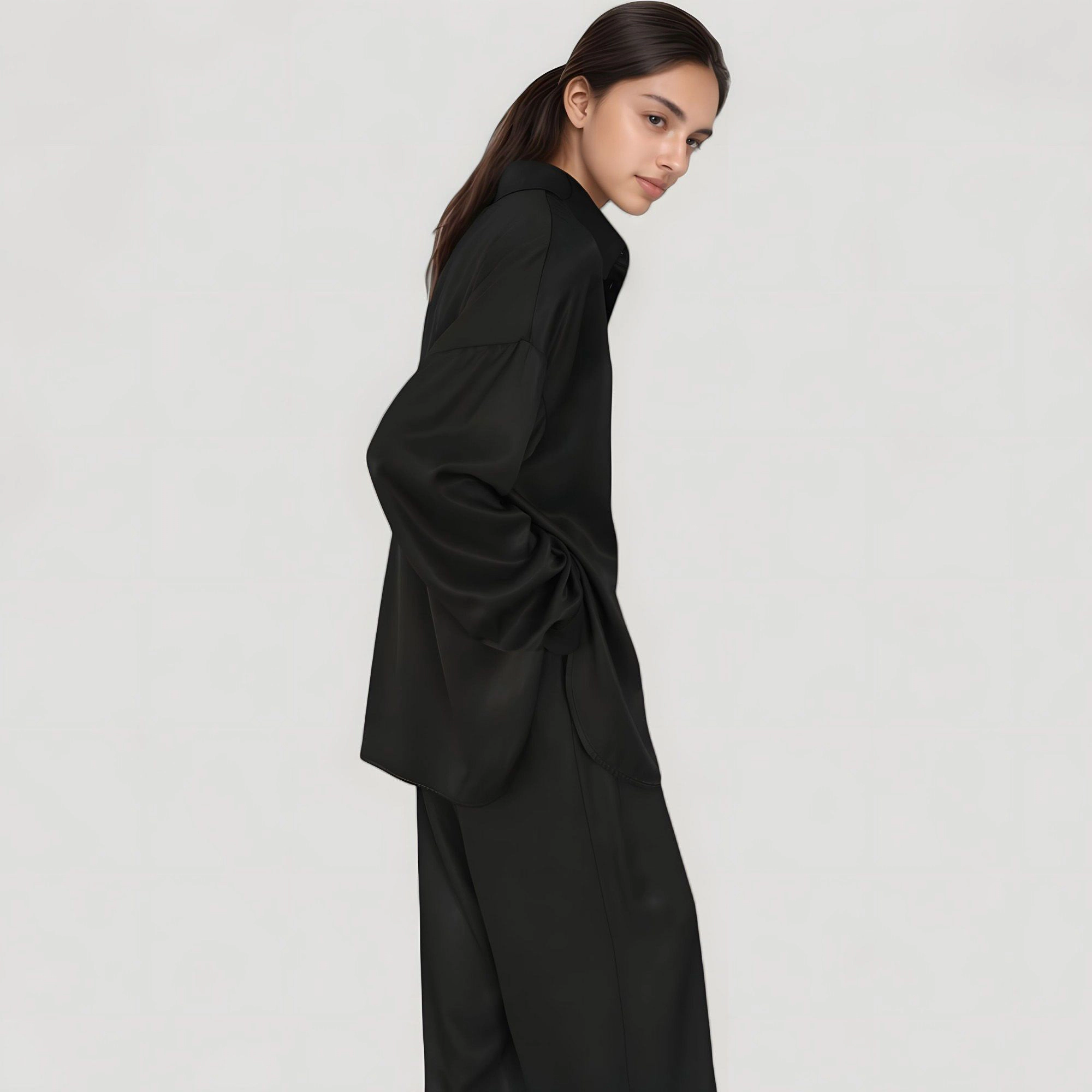 Anna-Kaci Women's Relaxed Fit Satin Button Down Shirt and Wide Leg Pants Two-Piece Lounge Pajama Set