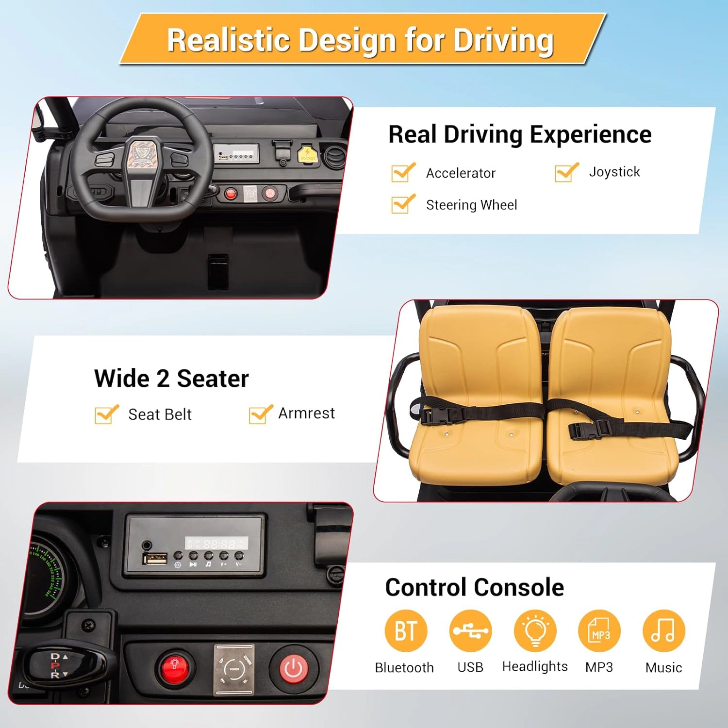 Enjyam 24V Kids 2-Seater Ride On Dump Truck, 4×35W Motors, Electric Bed, Shovel, Remote, Bluetooth, Music & LED Lights
