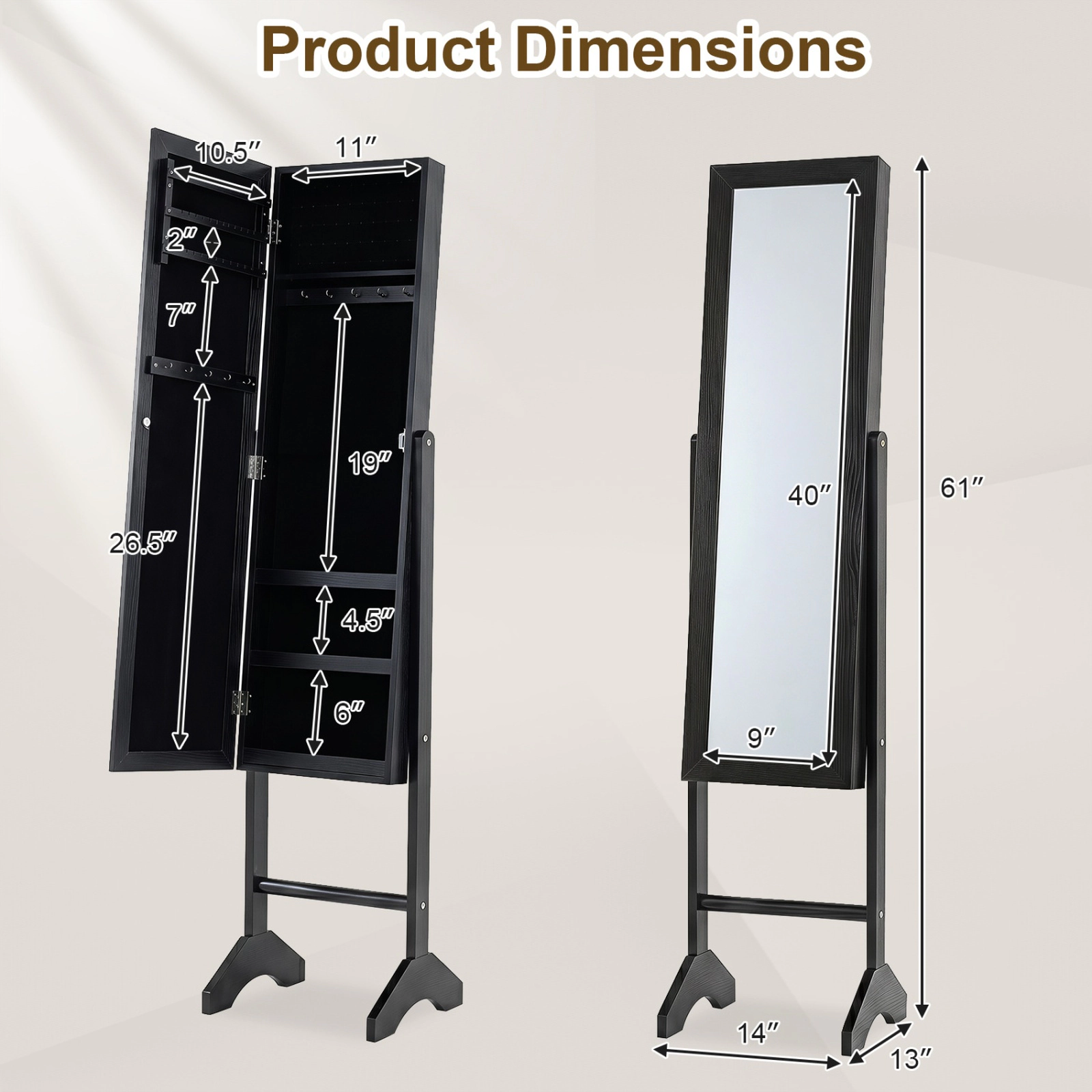 SUGIFT Freestanding Jewelry Armoire Velvet Lining & Full Length 40 x 9-in Mirror 61-in Tall 14 x 13-in Base 1-Pc Black