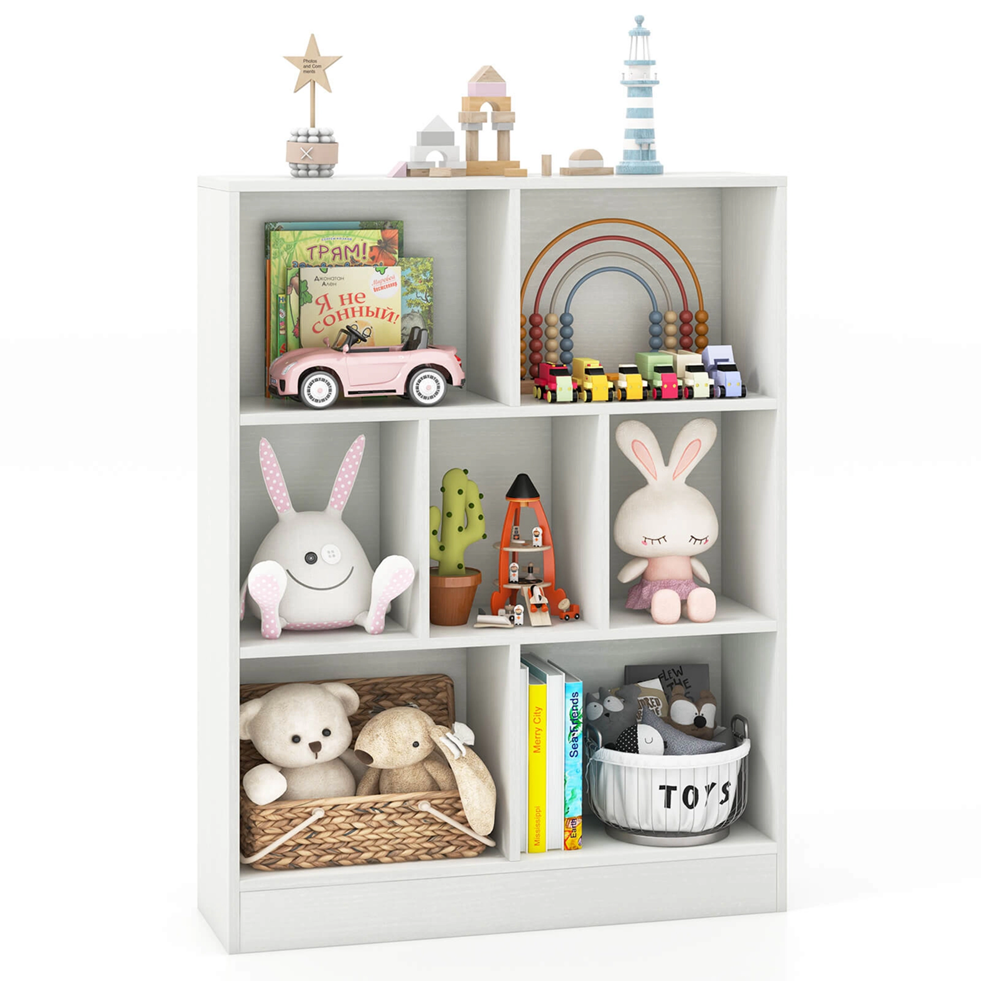 Costway 7-Cube Bookcase for Kids 41" Wooden Toy Storage Organizer Freestanding Bookshelf Brown