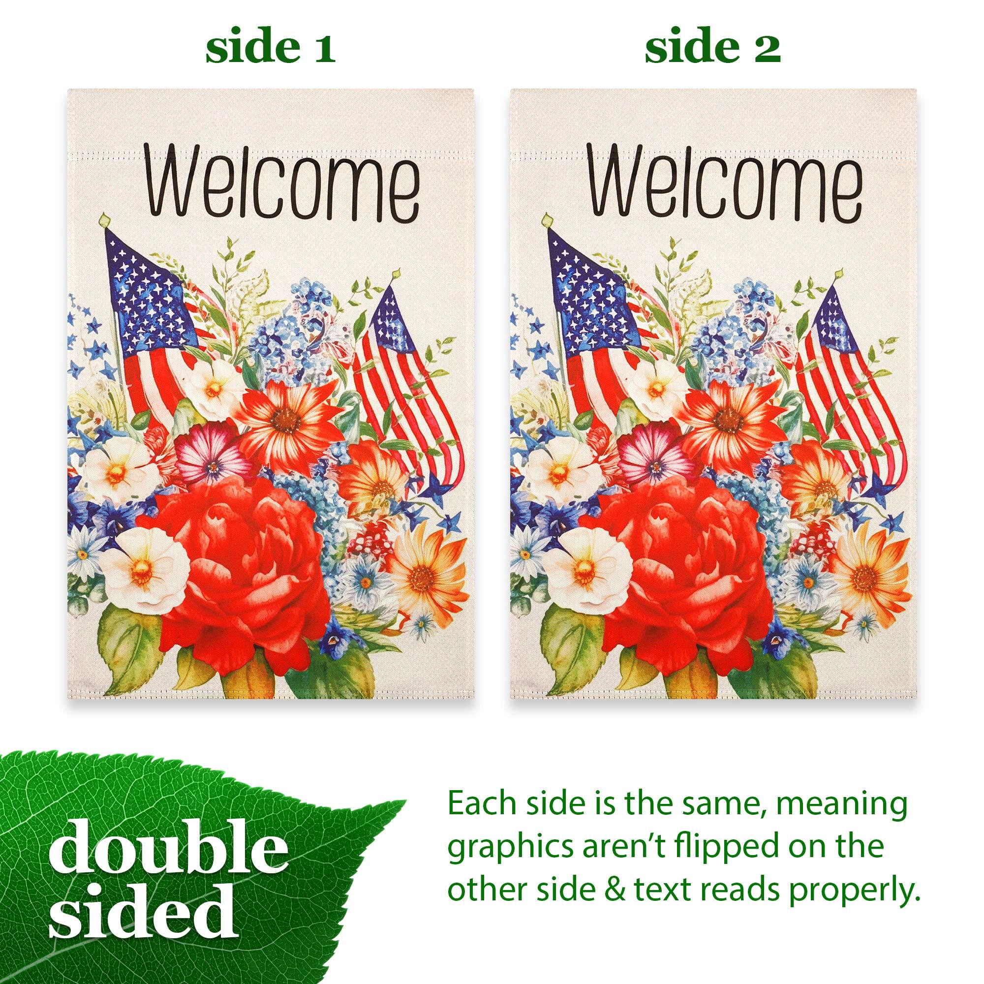 G128 12x18 in Double-Sided Patriotic Welcome Garden Flag - Red White Blue Floral