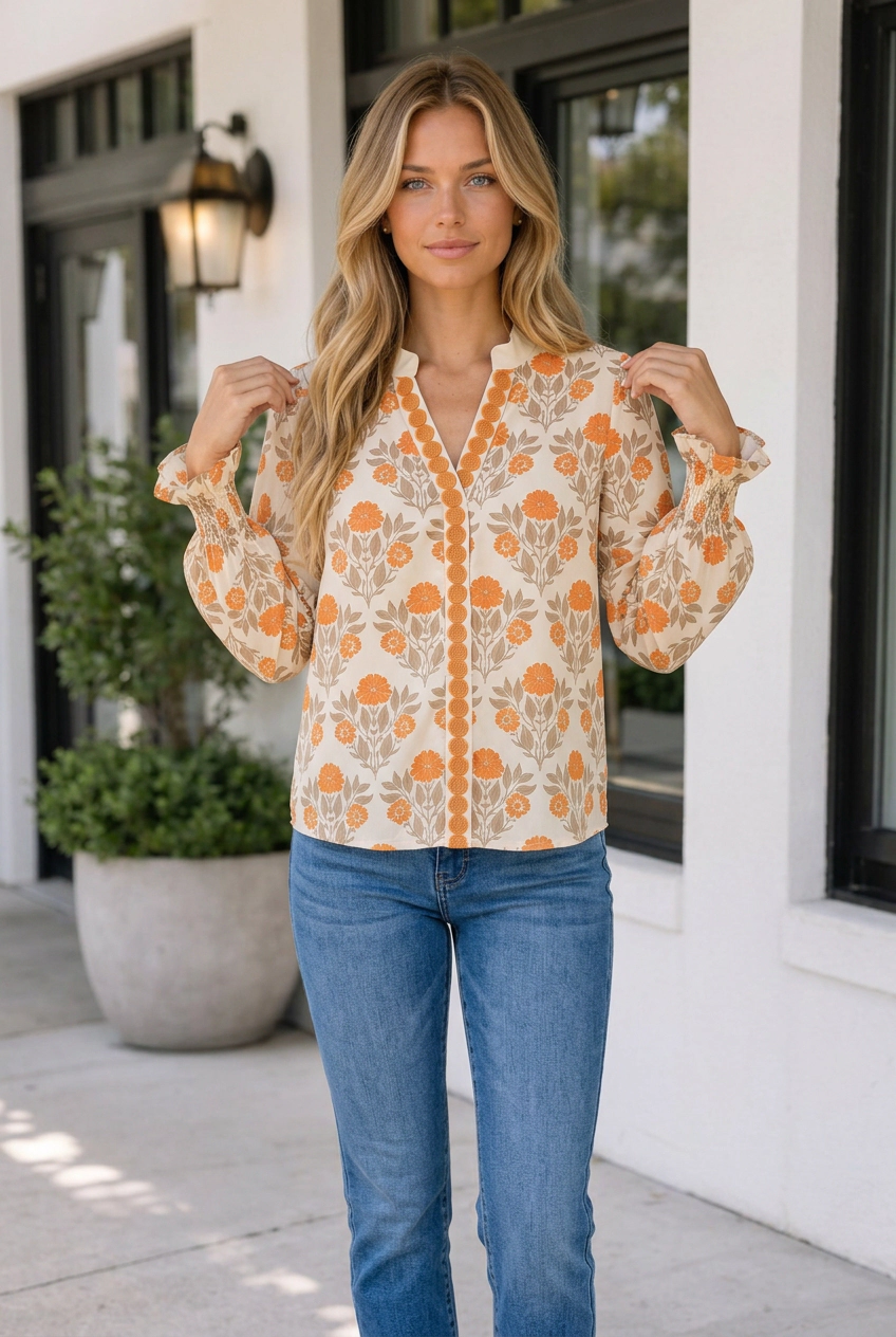 Threaded Pear Piper Long Sleeve Blouse Top