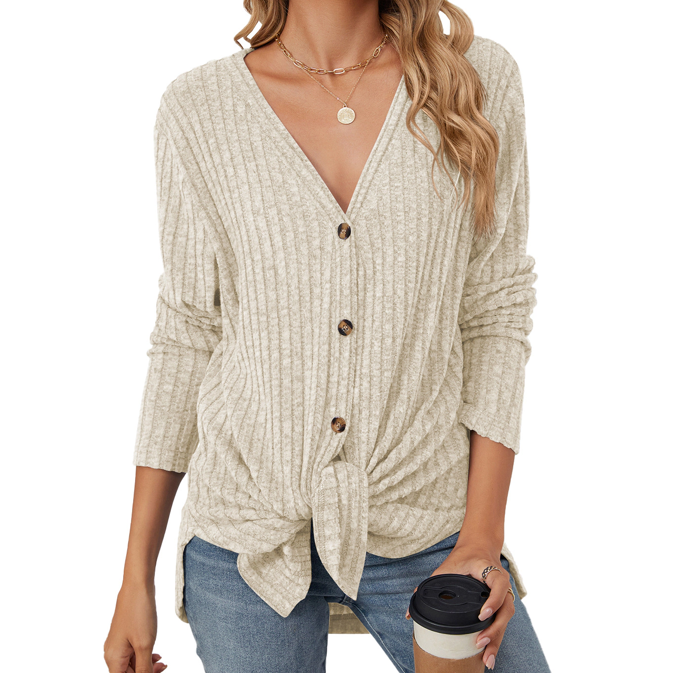 Enchanted Funland Women's Waffle Knit Batwing Shirts Tie Knot Tunic Blouse