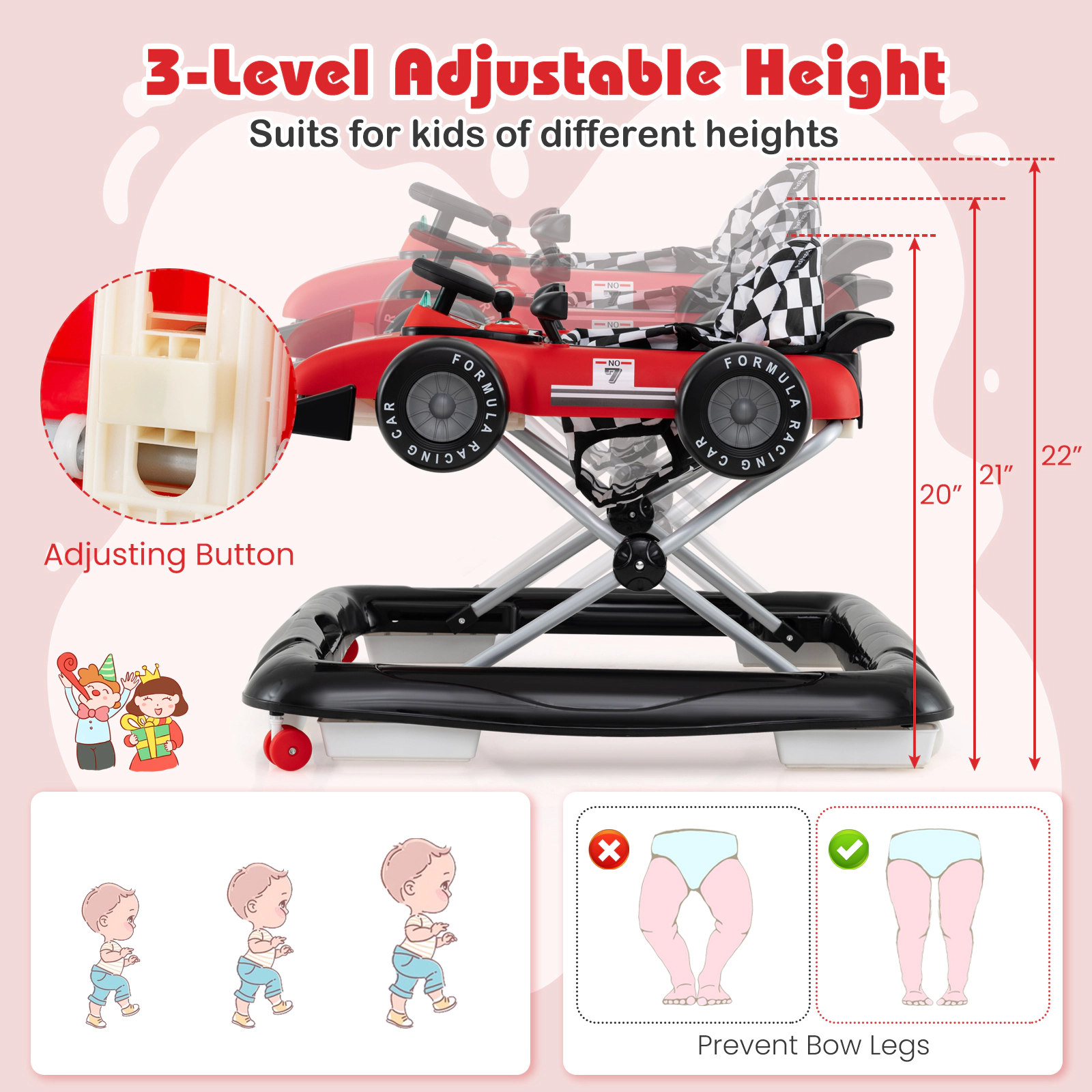 SUGIFT 4-in-1 Convertible Baby Push Walker Activity Center with Music Box 26.5-lb Capacity Ages 6-18 Months Red