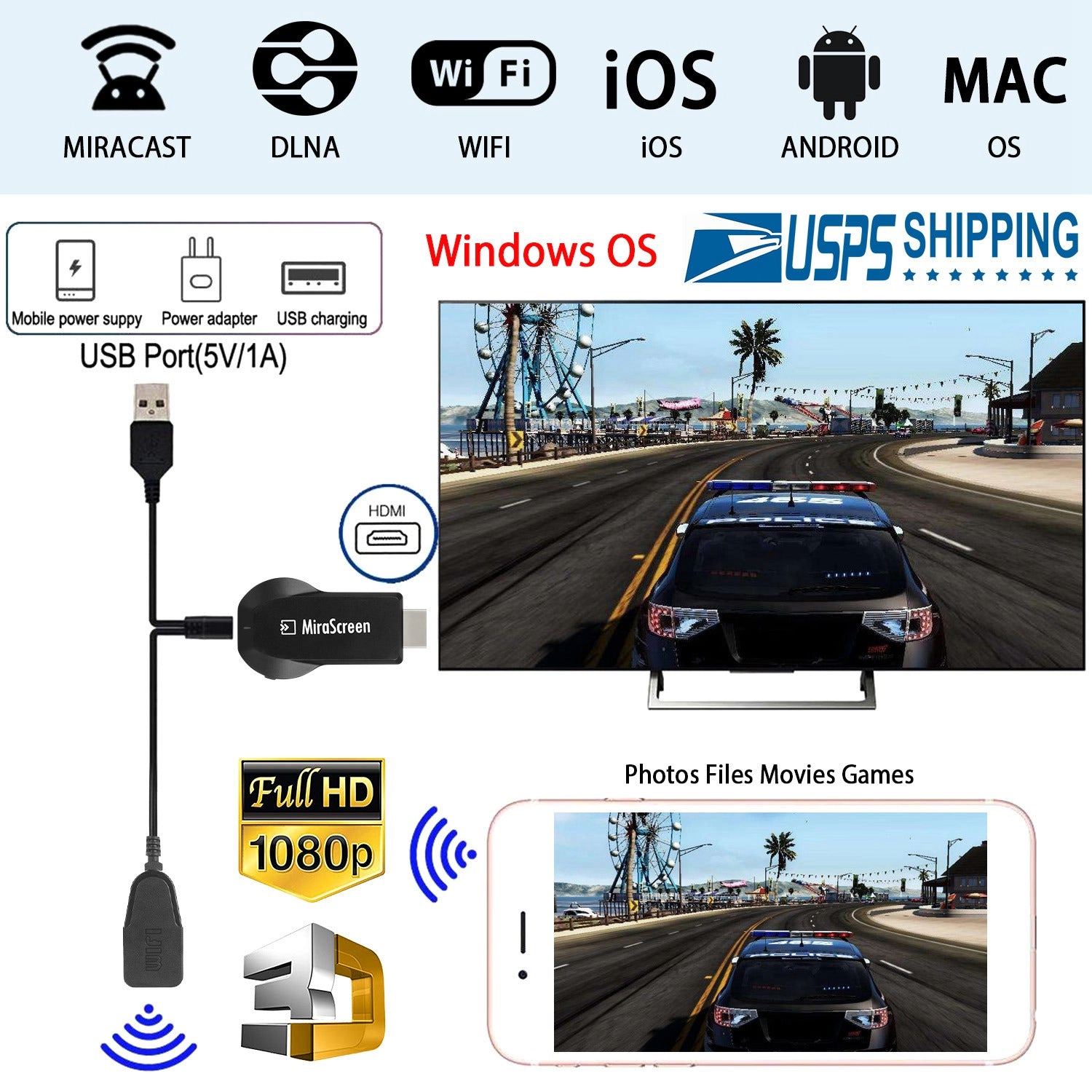 GBruno 1080P Wireless Display Adapter HDMI Dongle