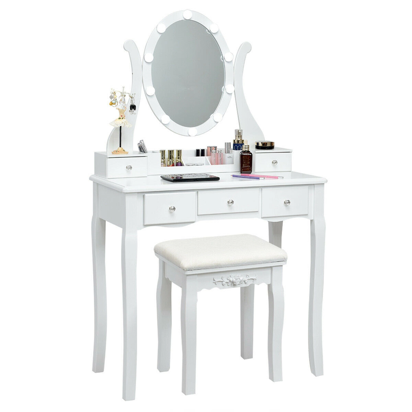 SUGIFT 31.5-in Vanity Table Set, 10 Dimmable Lights, 360-Degree Spinning Mirror, 5 Drawers