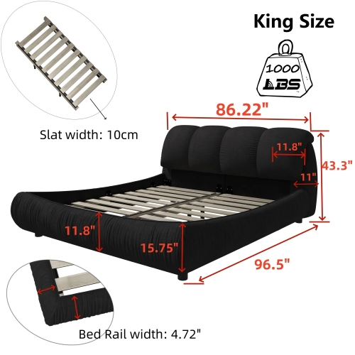 Flynama King Luxury Upholstered Platform Bed, Oversized Padded Backrest, Solid Wood, Black