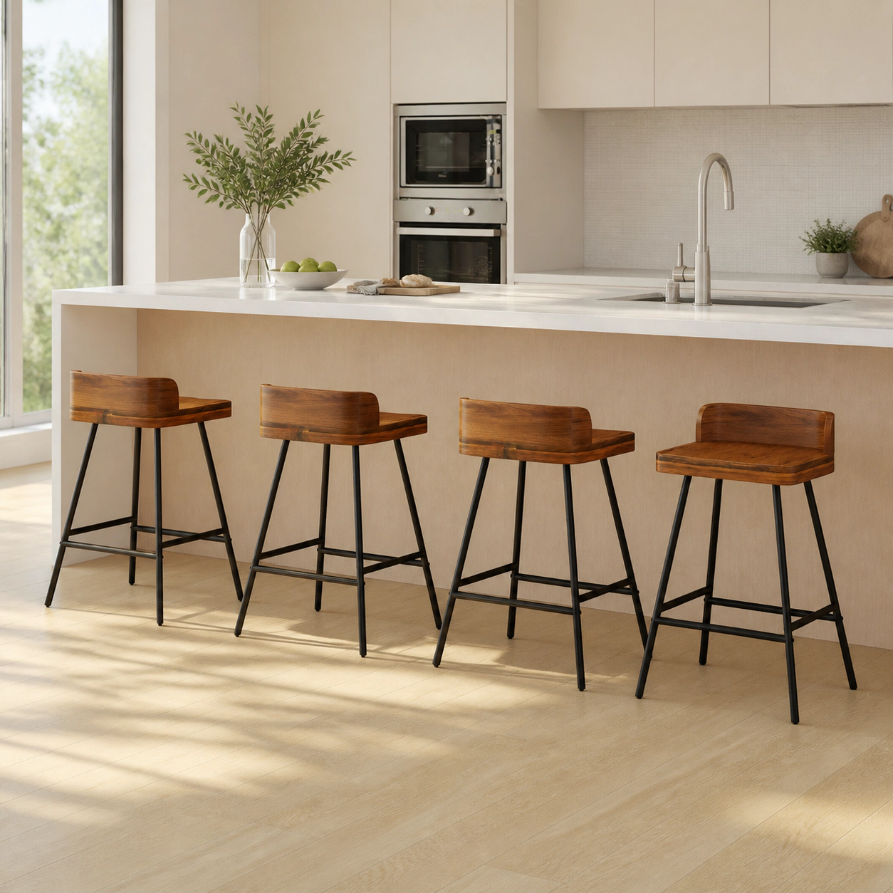 SUGIFT Set of 4 24-Inch Walnut Bar Stools, Low Back, Black Metal Legs