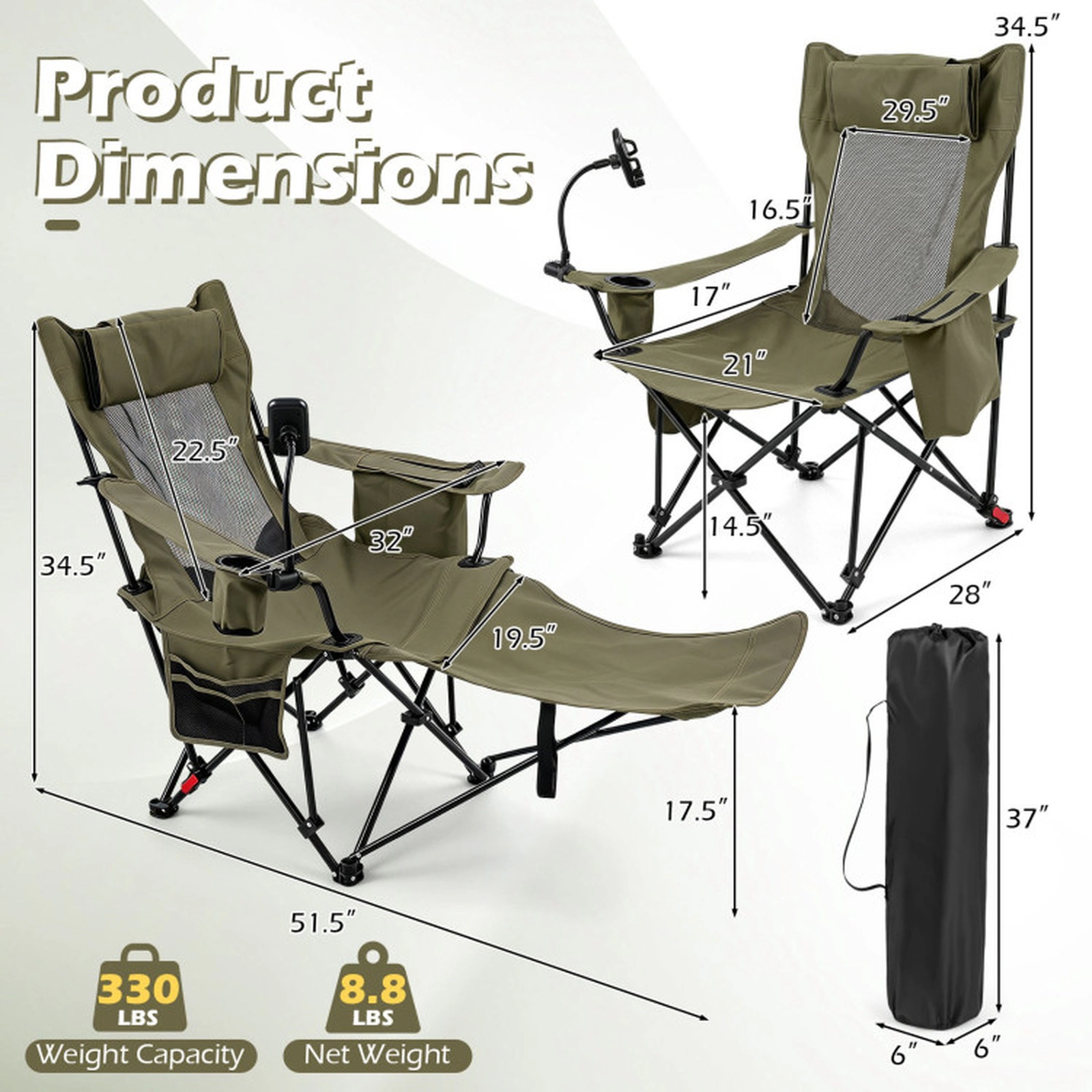 SUGIFT 2-in-1 330-lb Capacity 3-Position Reclining Camping Chair Lounger with Detachable Footrest and Headrest