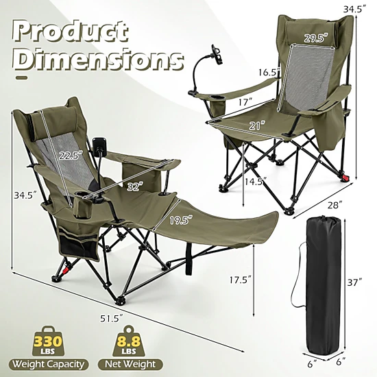 SUGIFT 2-in-1 330-lb Capacity 3-Position Reclining Camping Chair Lounger with Detachable Footrest and Headrest