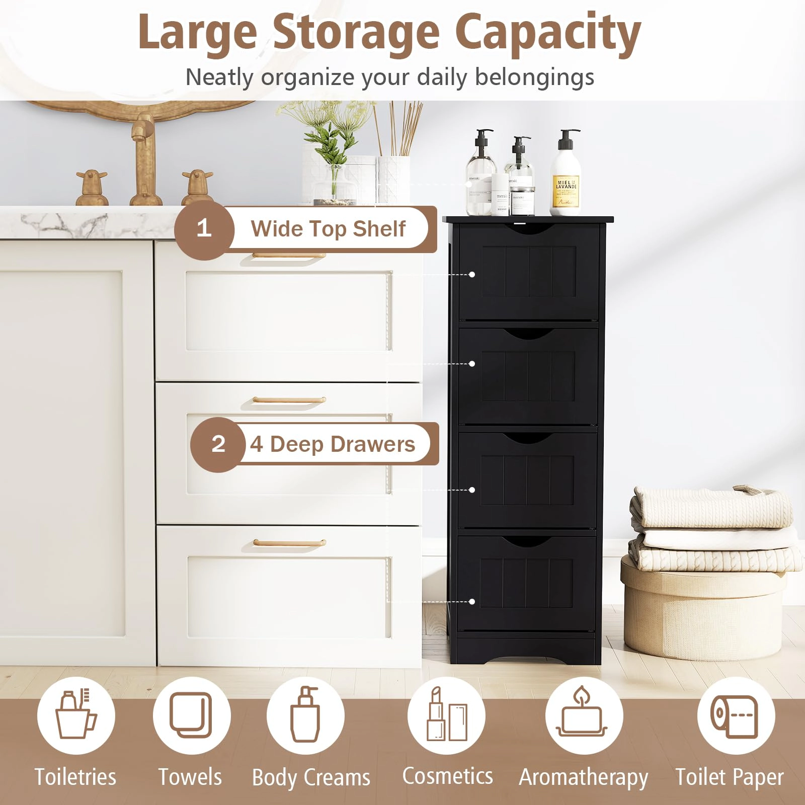 Glintex 4-Drawer Narrow Floor Cabinet with Arched Base and Cut-Out Handles