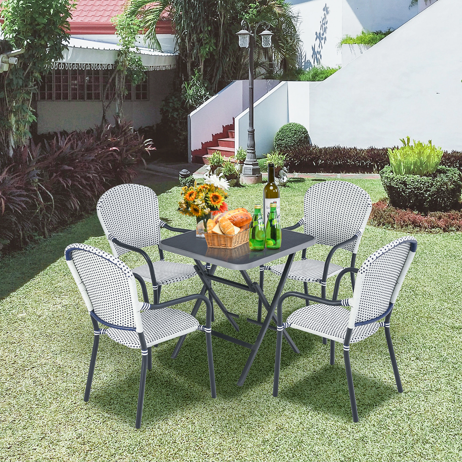 LJG Set of 4 Patio Rattan Stackable Dining Chair with