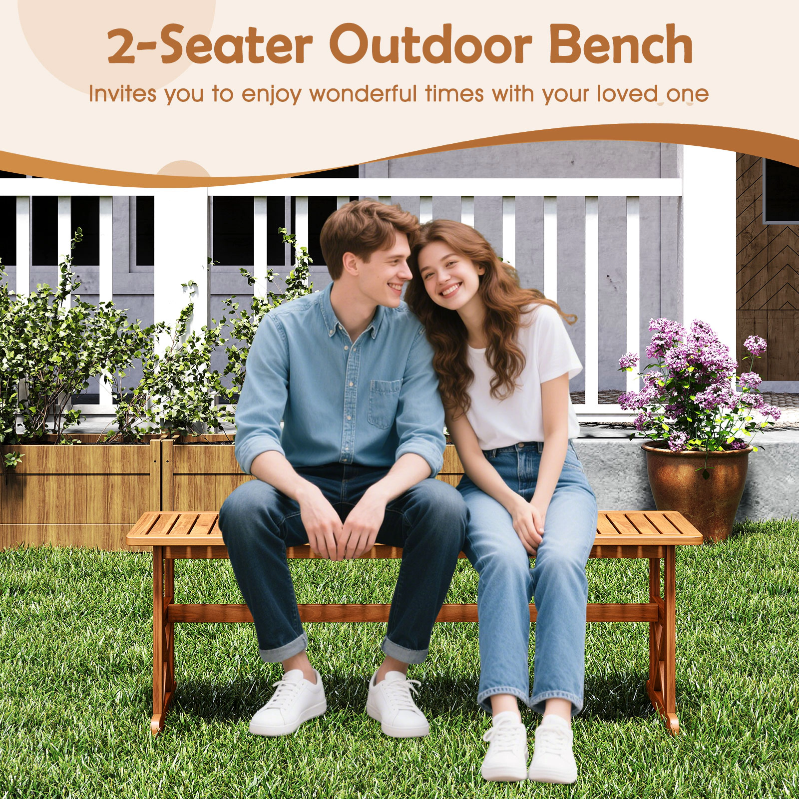 SUGIFT 51-in Outdoor Acacia Wood Bench with Slatted Seat 800-lb Capacity 2-3 Person 18-in Tall 2-Piece Set Natural