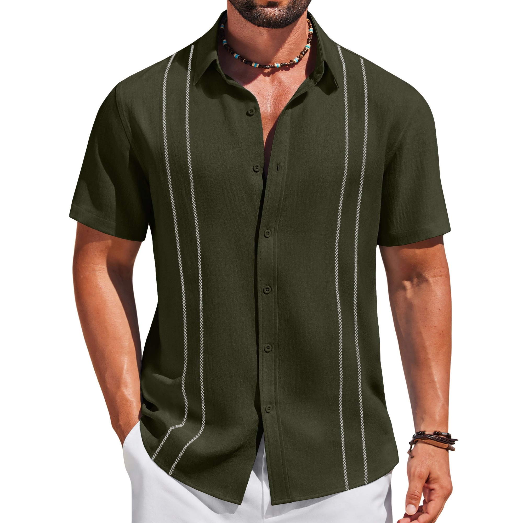 COOFANDY Mens Short Sleeve Button Down Shirts  Vertical Stripe Casual Tops