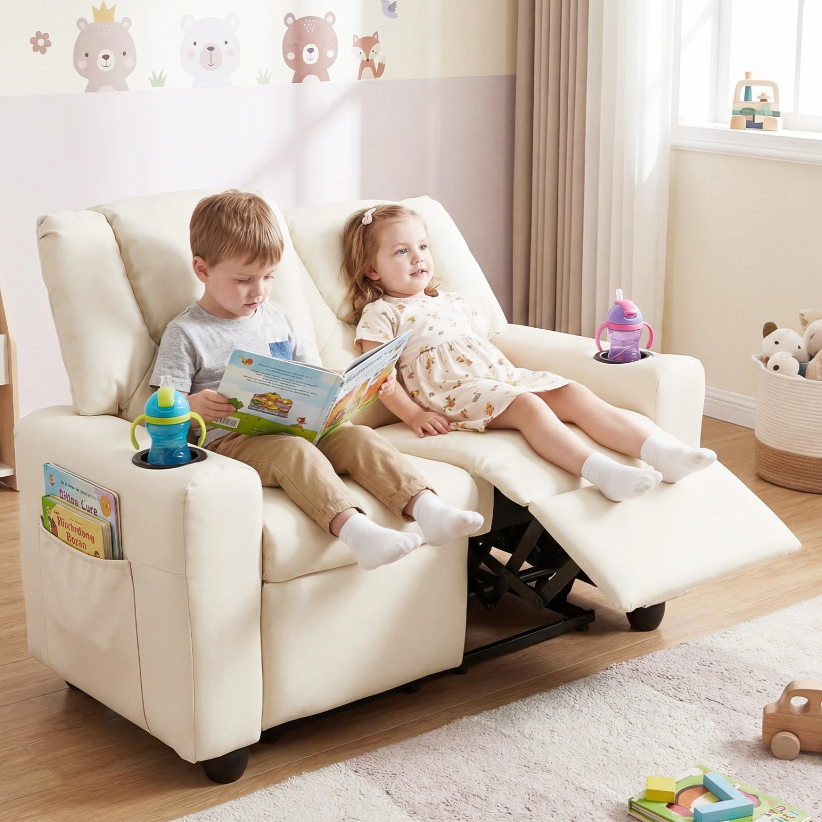 SUGIFT Adjustable 2-Seater Kids Recliner Double Toddler Sofa Chair Cup Holders 330-lb Capacity Ages 3+ 38-in Wide Beige