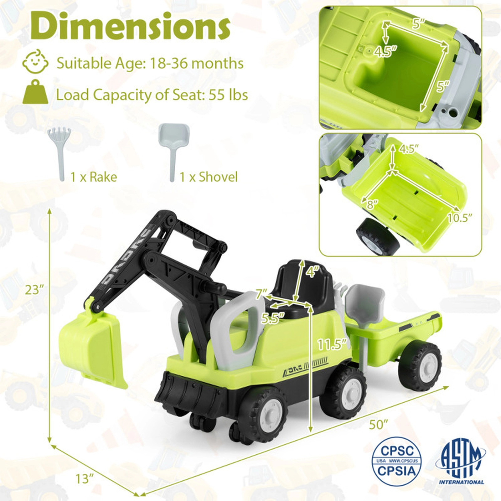 SUGIFT 2-in-1 Kids Ride-On Tractor with Digging Arm and Detachable Trailer 55-lb Capacity Ages 3+ Green/Yellow