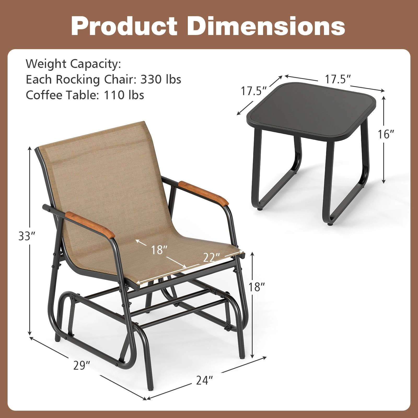 SlickBlue 3-Piece Patio Glider Chairs with Teak Armrests and Glass Table