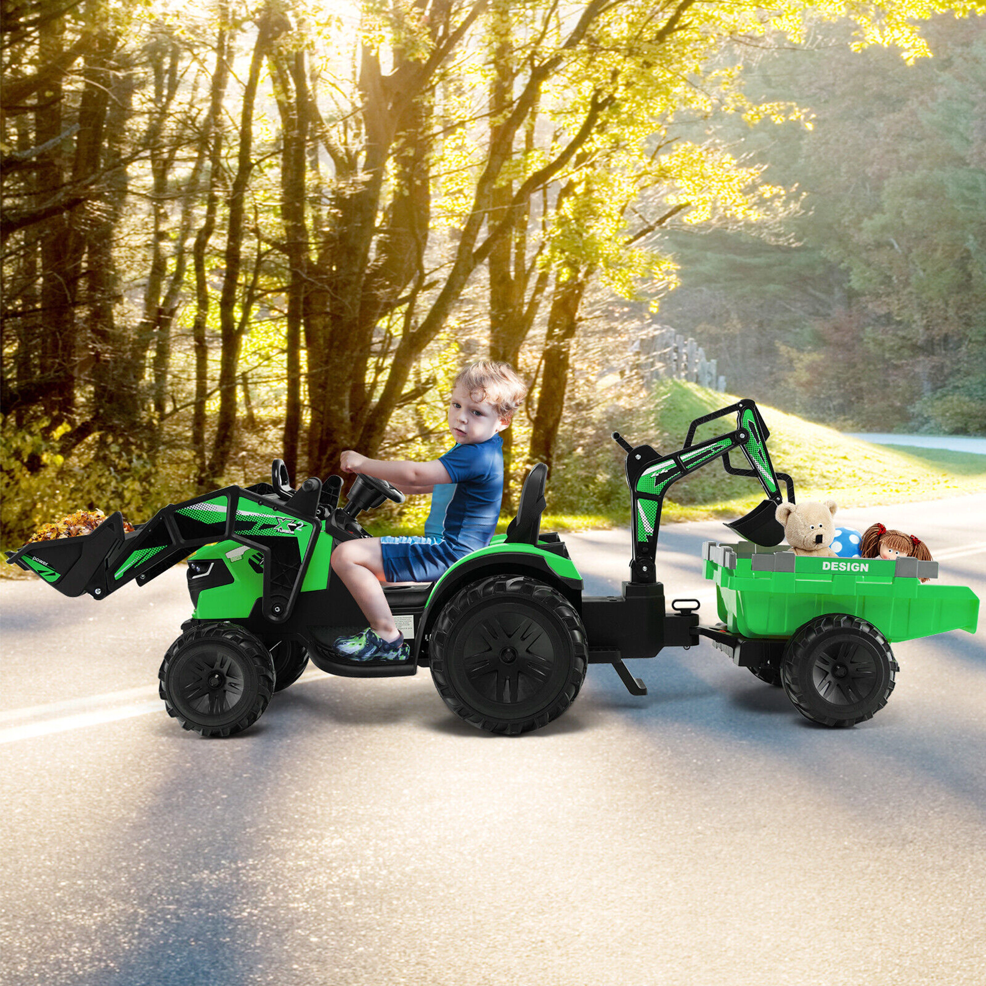 Costway 3-in-1 Kids Ride On Excavator Bulldozer 12V Electric Tractor Remote w/ Trailer Green