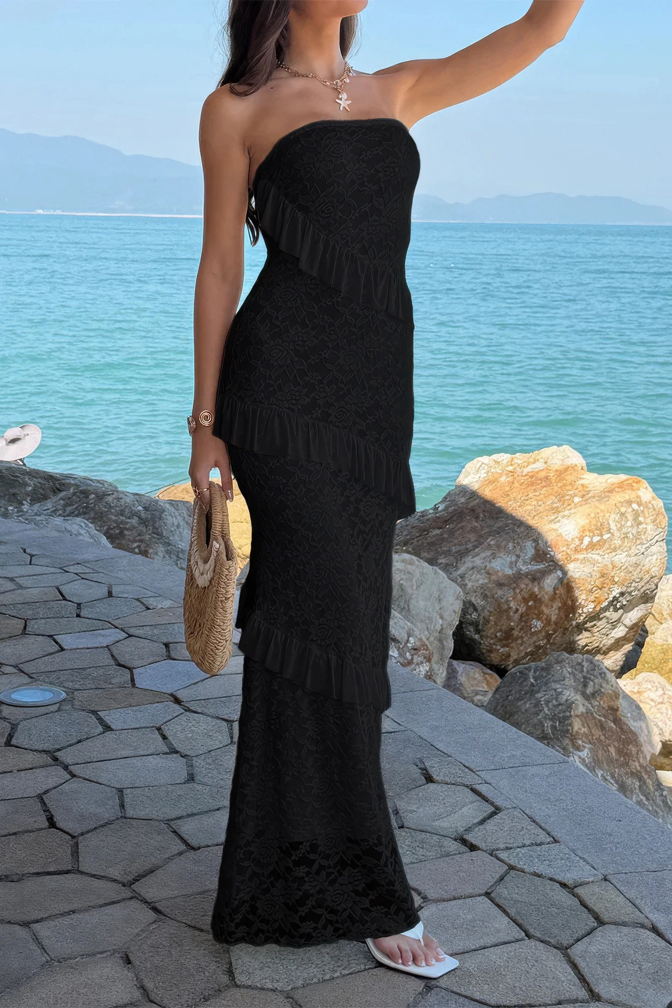 Truedames Women Solid Off Shoulder Bodycon Lace Maxi Dress