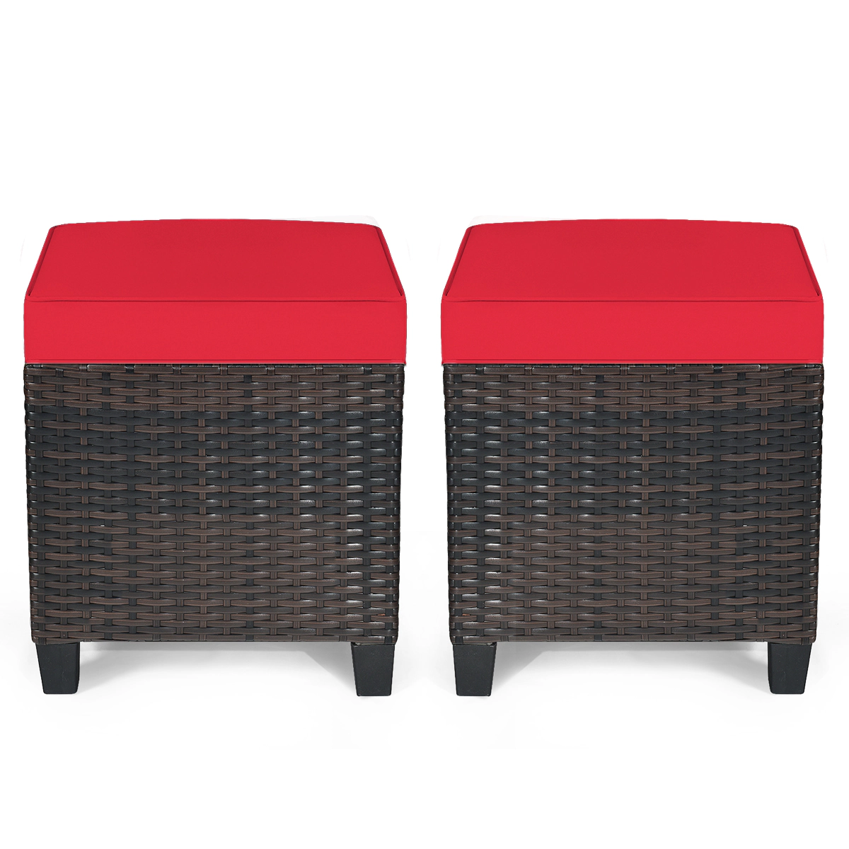 SUGIFT Set of 2 Hand Woven PE Rattan Zippered Cushions Cube Patio Ottomans 16-in x 16-in x 18-in 375-lb Capacity Red