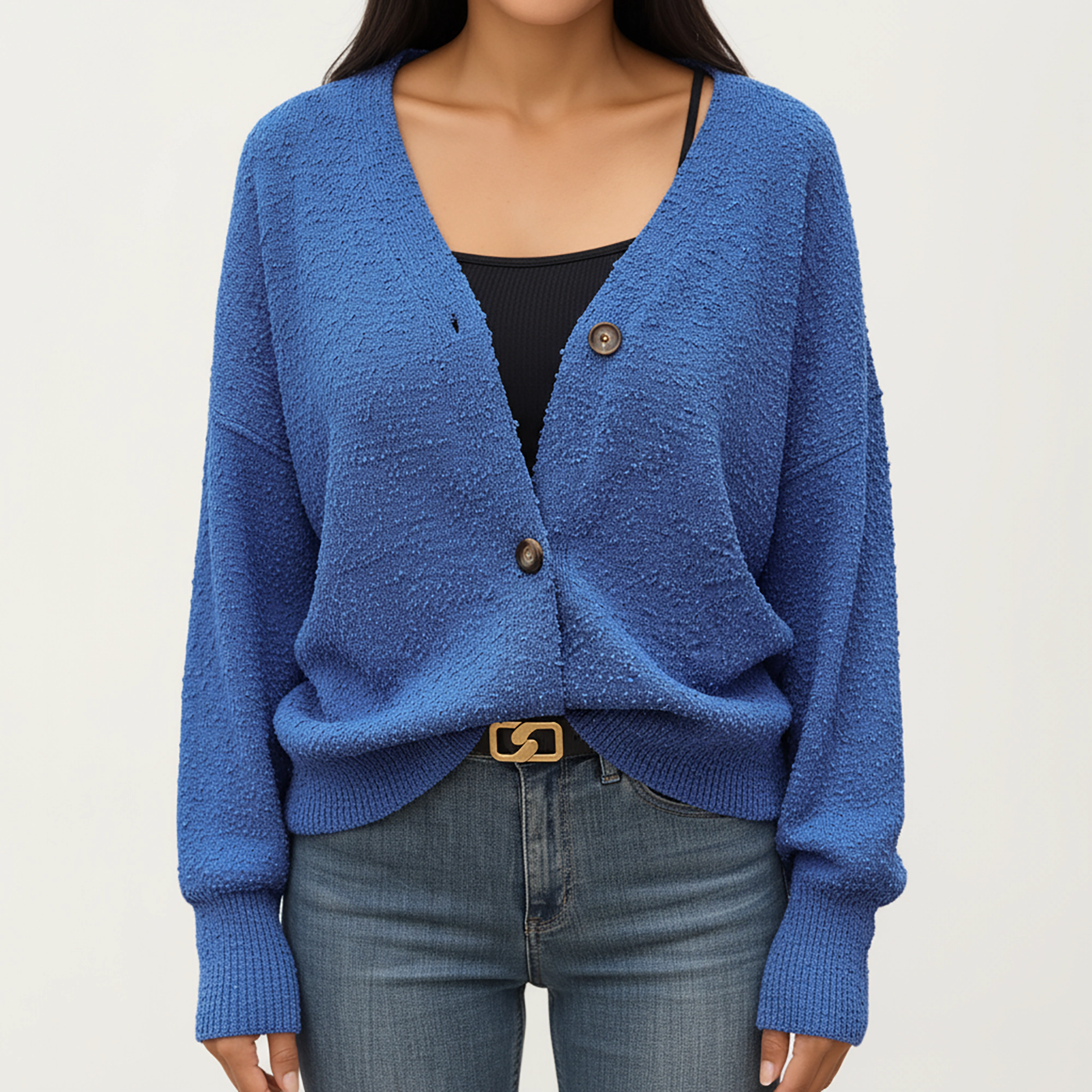 Anna-Kaci Women's Textured Knit Button Front Top with Cozy Fabric, Drop Shoulder Silhouette and Ribbed Edges