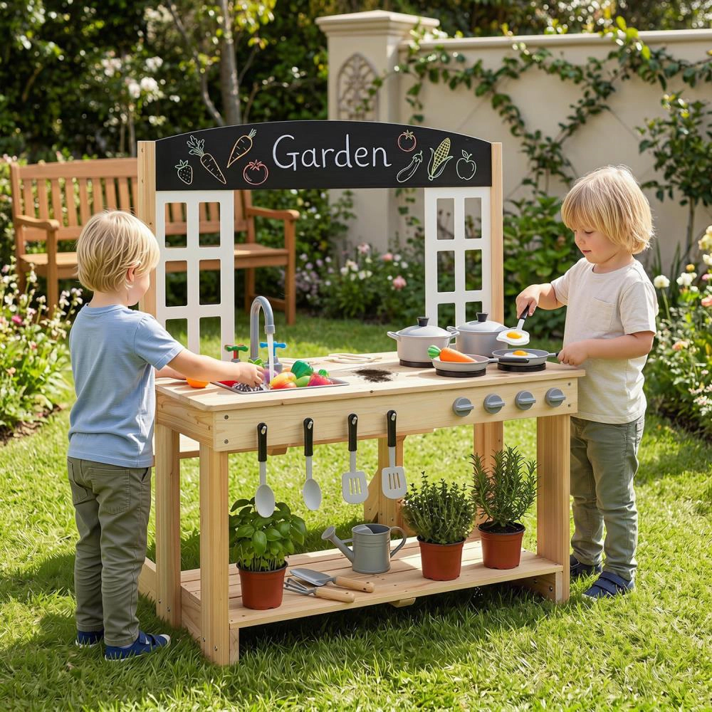 Hivvago Wooden Pretend Play Kitchen with Bench and Cooking Accessories