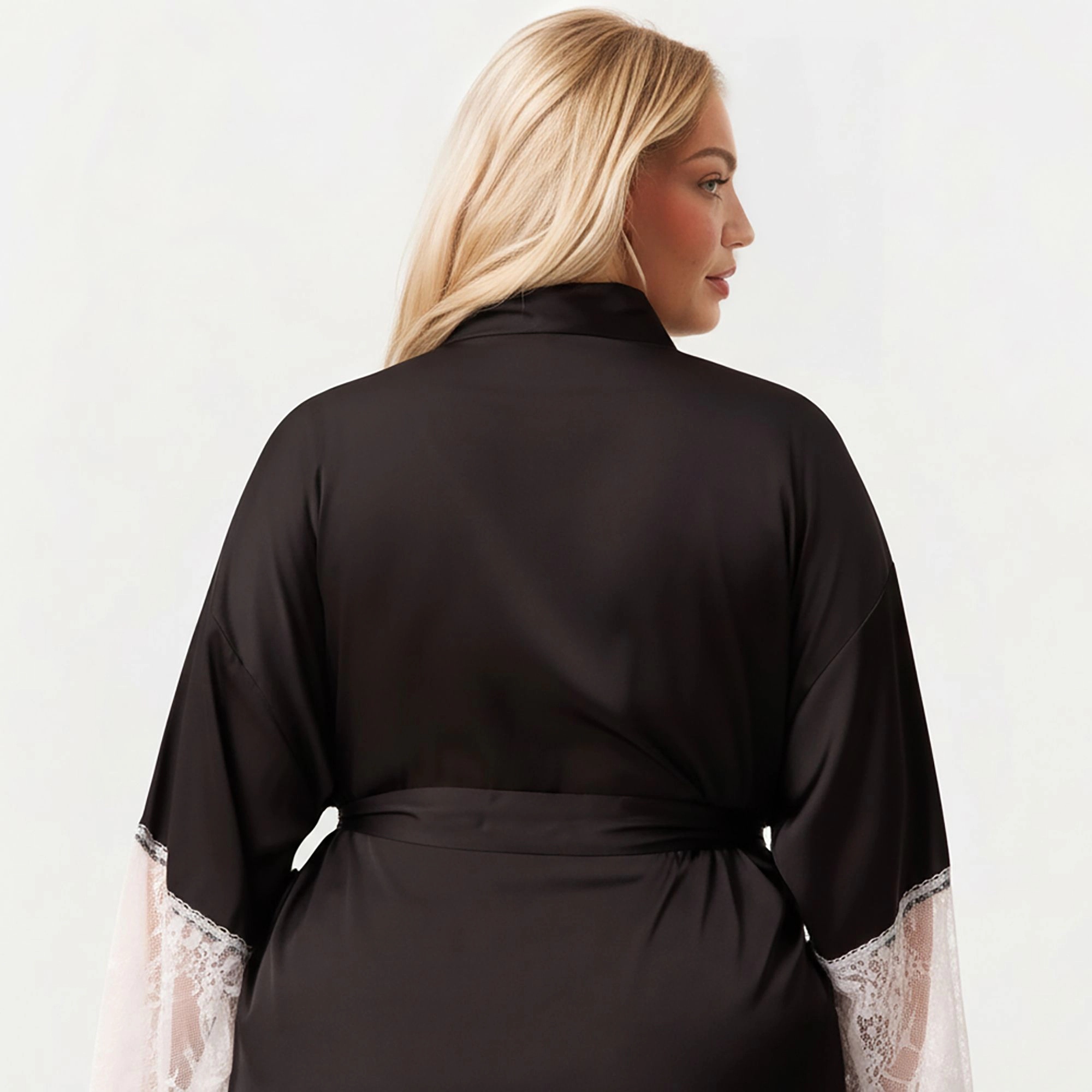 Anna-Kaci Women's Plus Long Robe with Sheer Lace Hem and Sleeve Detailing Soft Flowing Fabric