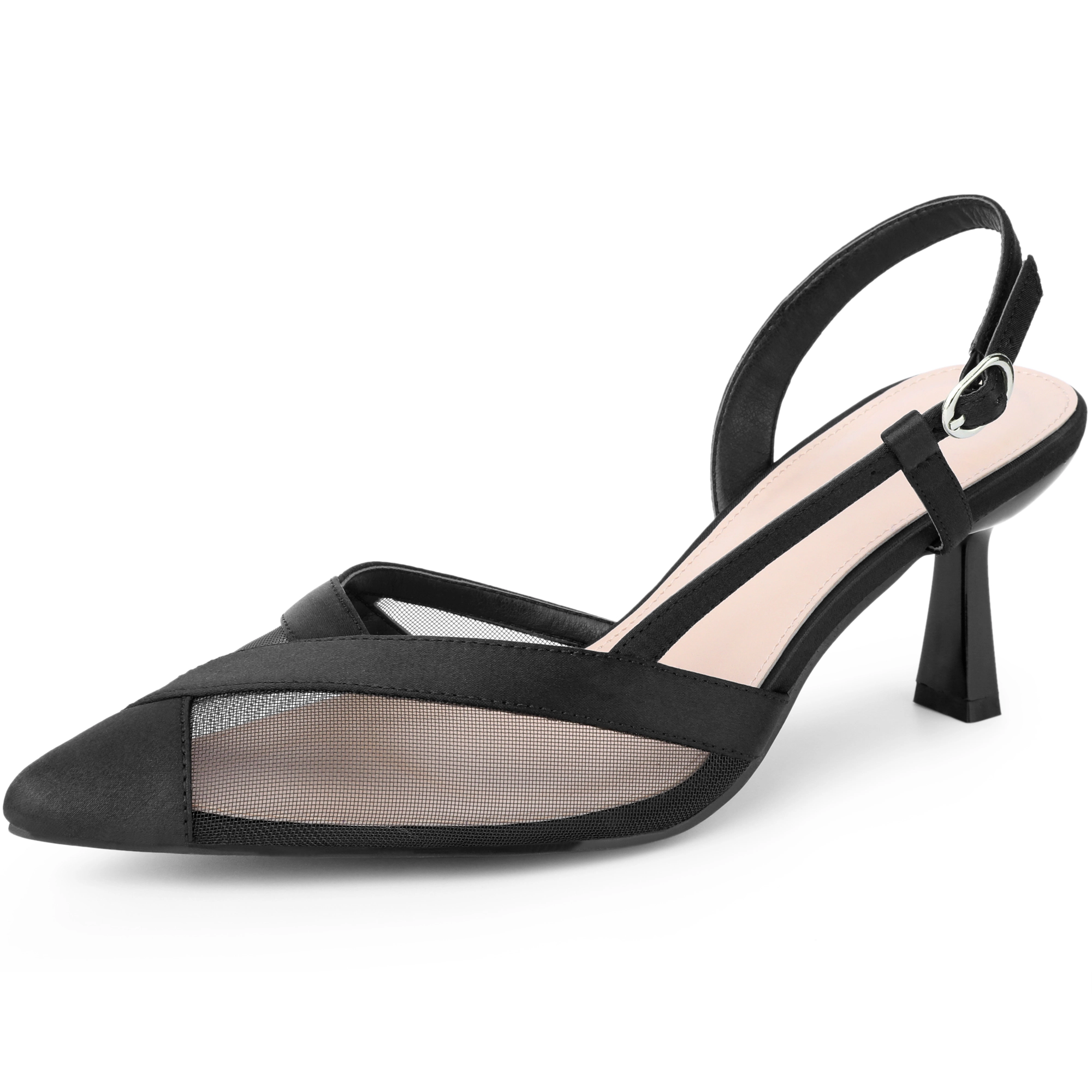 BLISSFUL STEP Women Closed Pointed Toe Mesh Slingback Kitten Heels Dress Pumps