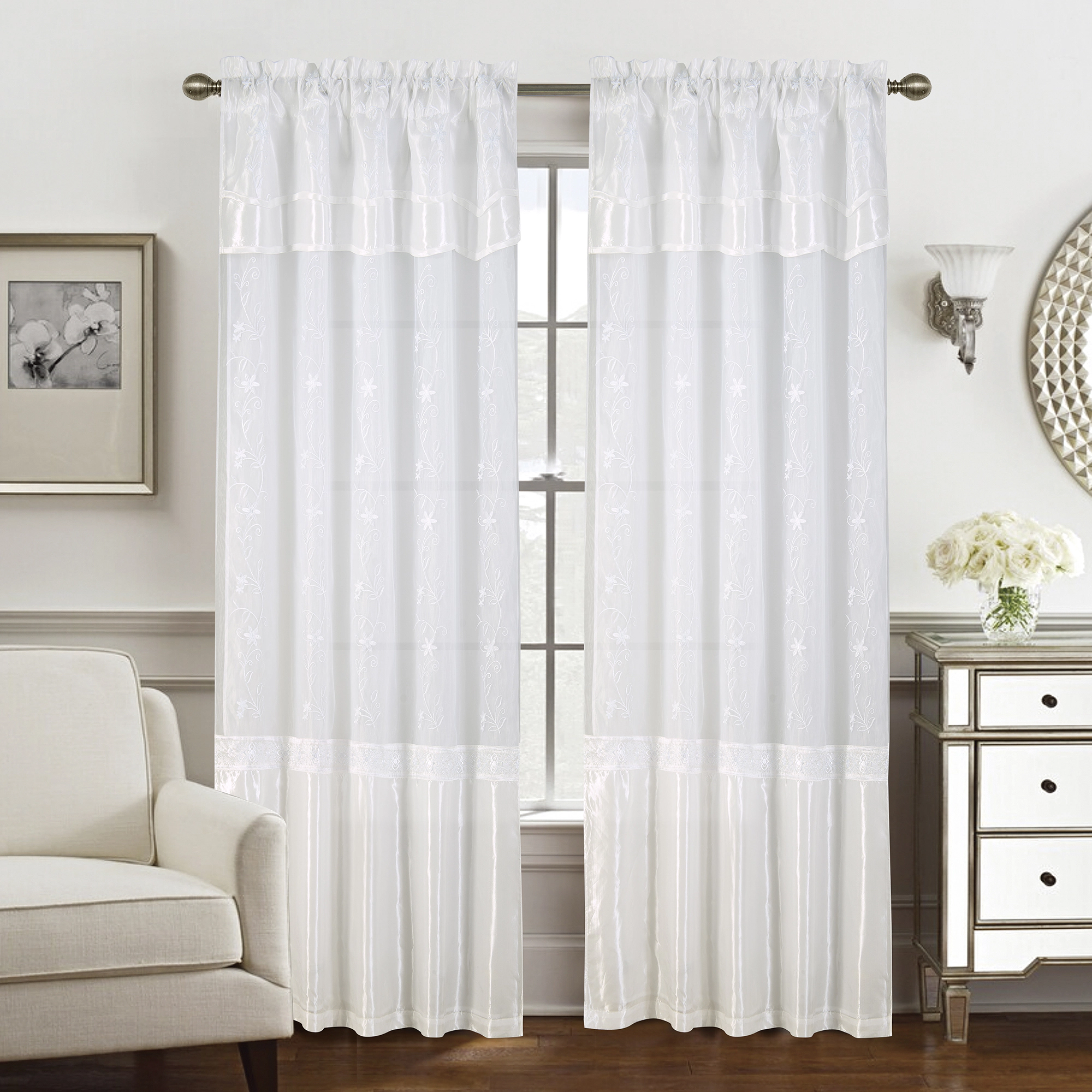 Priscilla Embroidered Panel With Double Valance 54'' x 90'' White