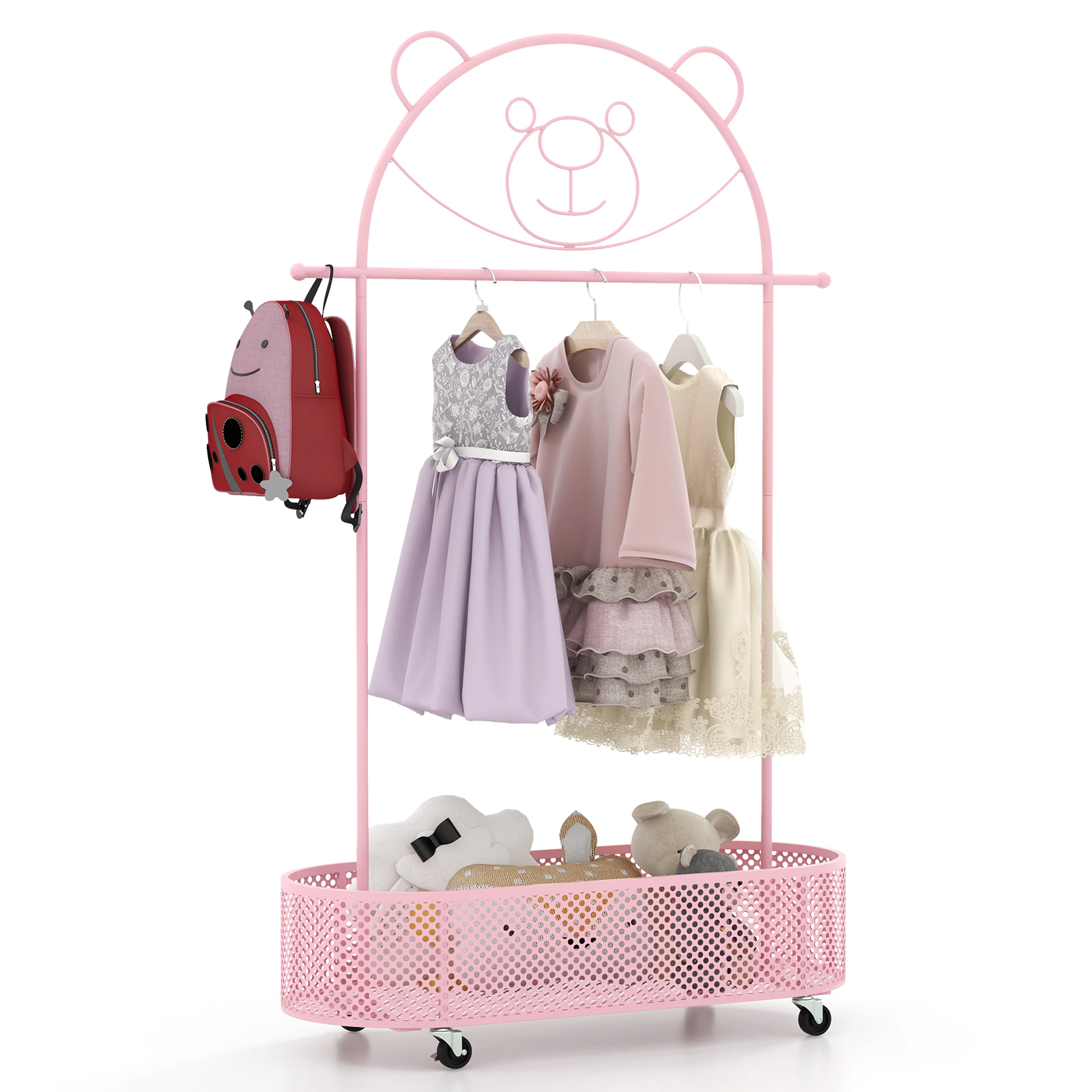 SUGIFT Kids 3 Adjustable Heights Metal Open Closet Clothes Rack 32-in x 13.5-in x 72-in 39.5-in to 60-in Rod Pink