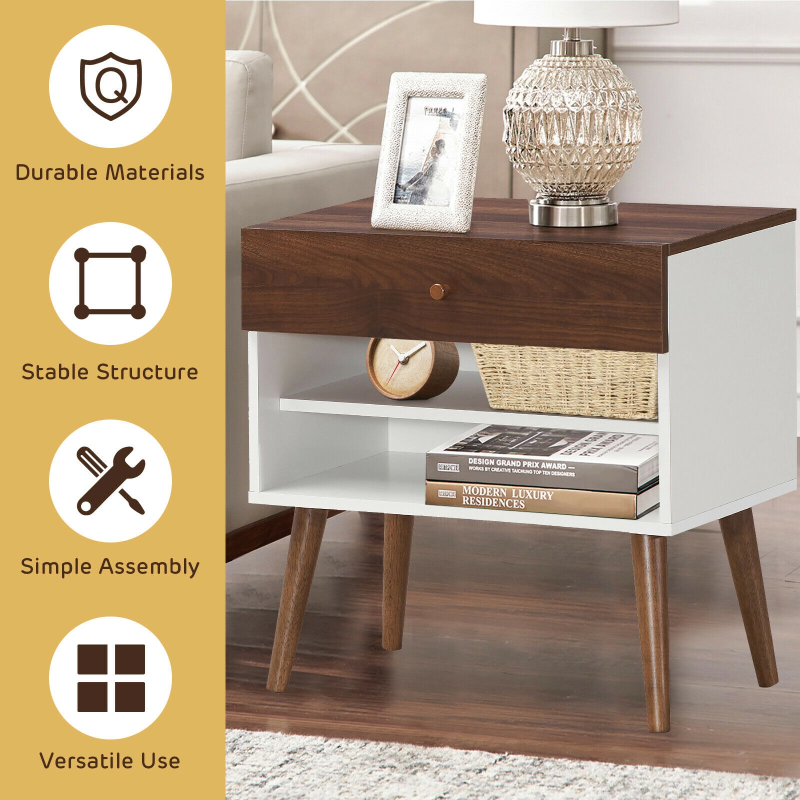 Hivvago Retro Wooden Nightstand Featuring Storage Drawer and Tapered Legs