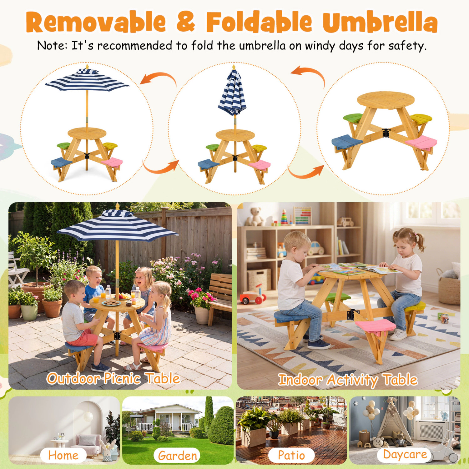 Hivvago Kids Picnic Table With Stools And Foldable Adjustable Umbrella For Backyard And Patio
