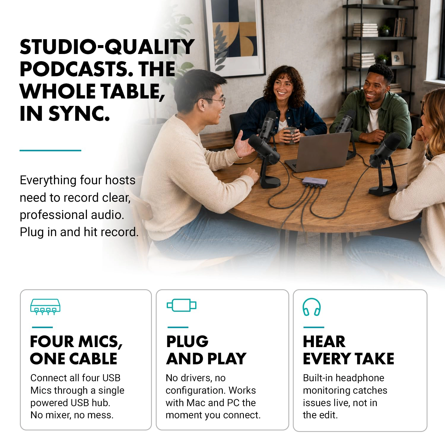 Movo 4-Person USB Podcast Equipment Bundle – 4 Condenser Mics, Hub and Case