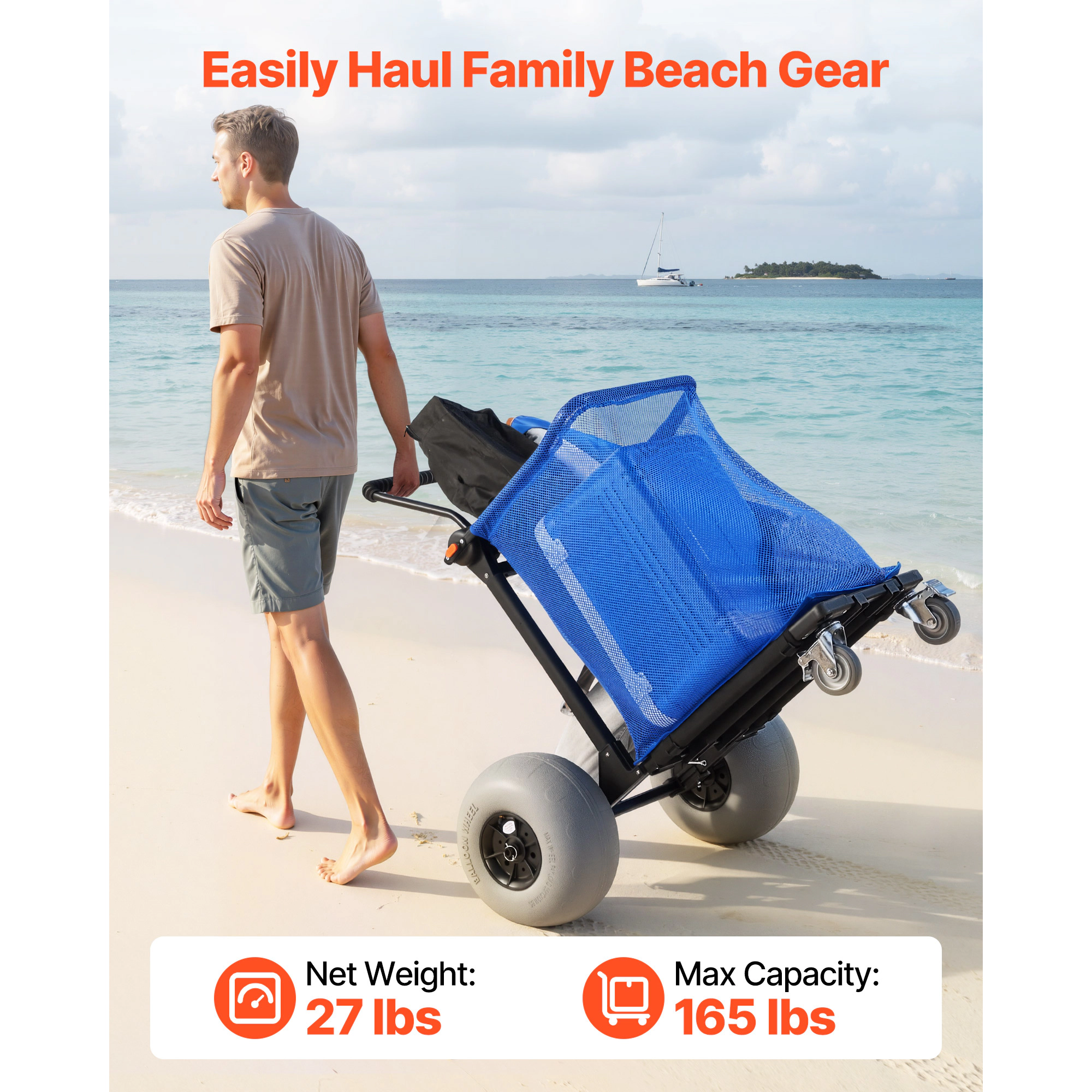 HONGGE Heavy Duty Folding Sand Cart with 12" Balloon Wheels for Beach Camping, 165 lbs Load Capacity