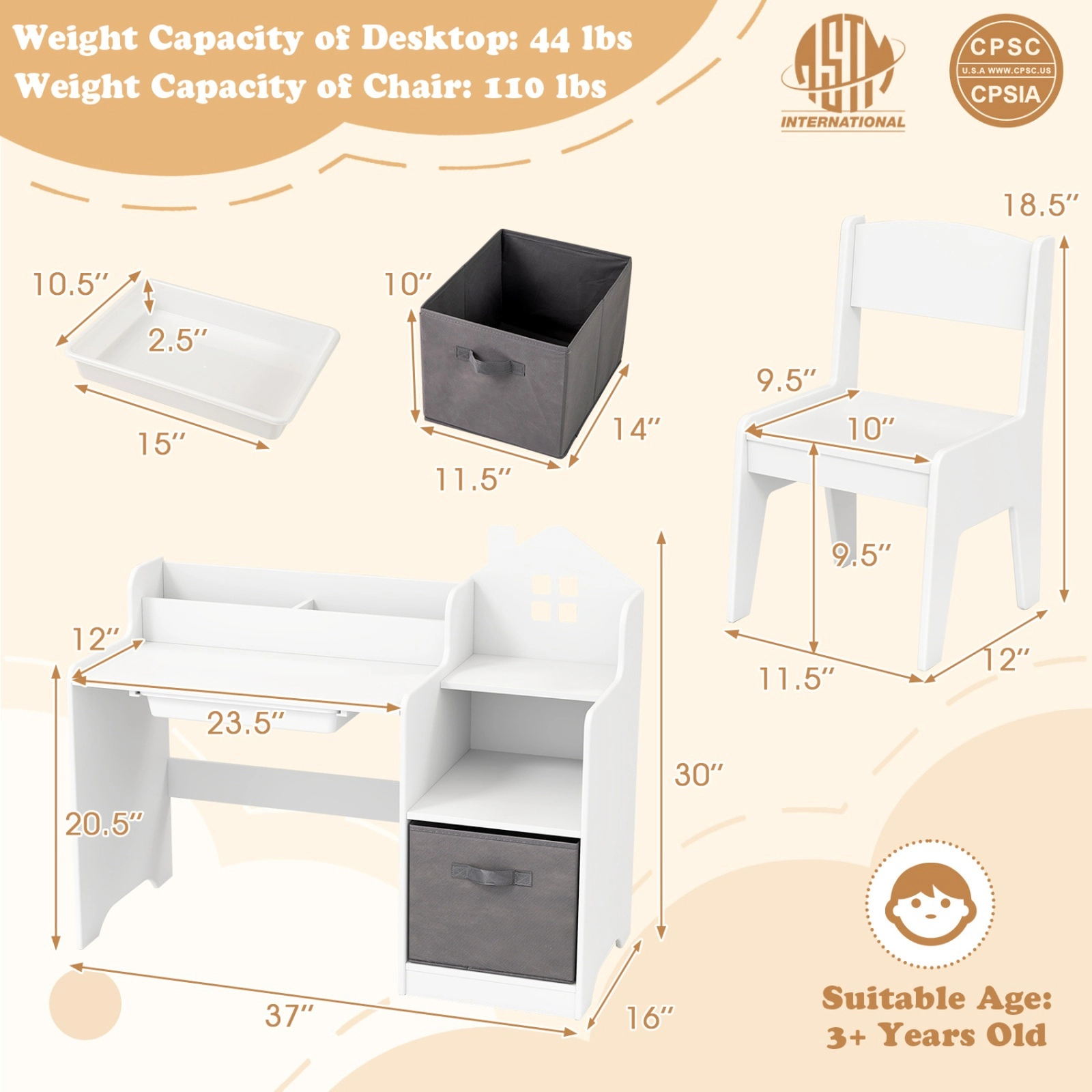 SUGIFT White Kids Desk and Chair Set, 37-Inch Study Desk with Shelves, Drawers and Fabric Bin